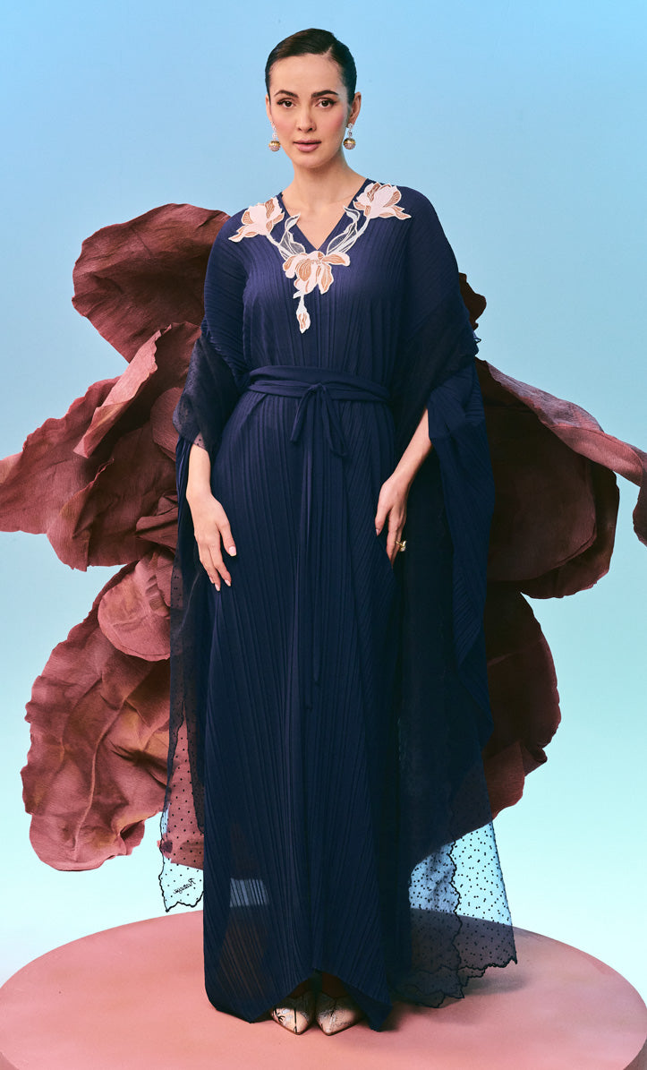 Embroidery Velour Navy Blue Inara Dress with Ribbon