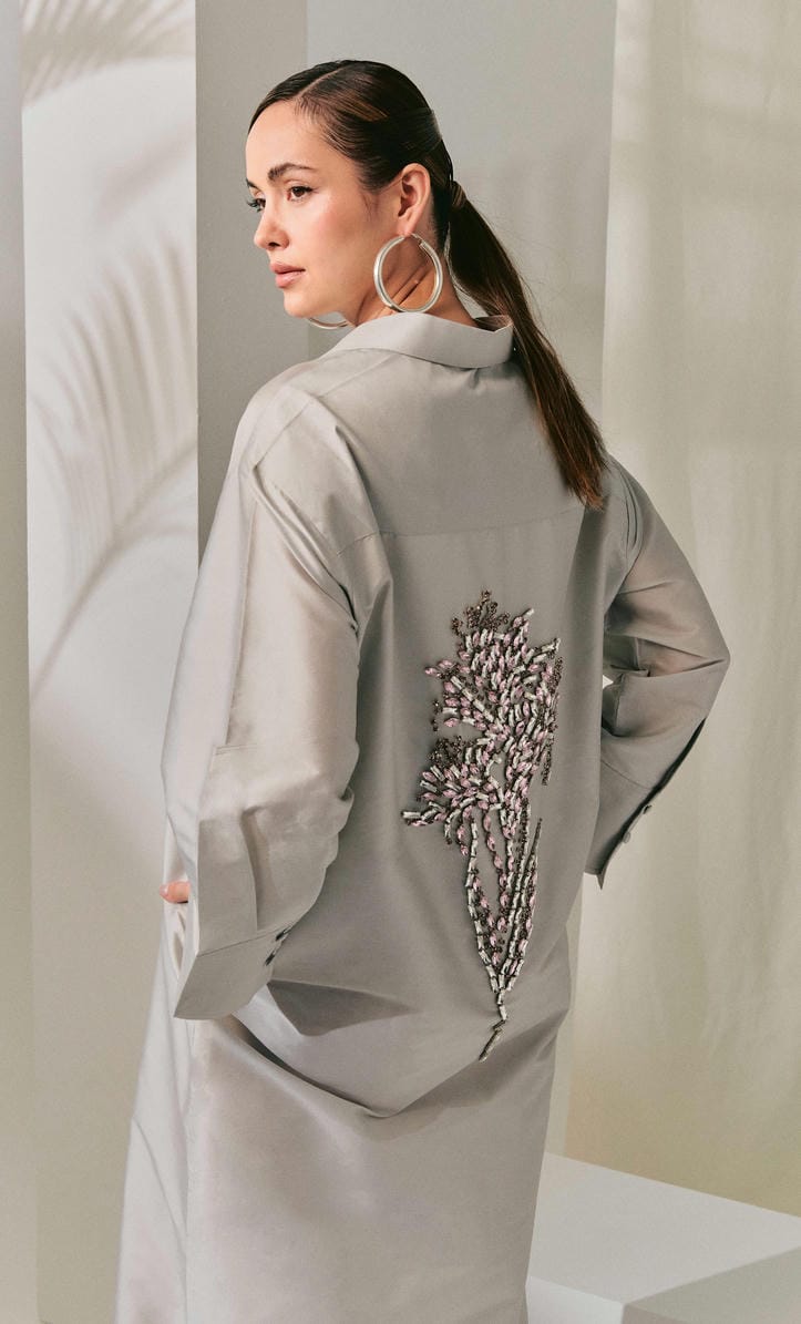 Beaded Jane Dress - Silver Structured Luxe Silk