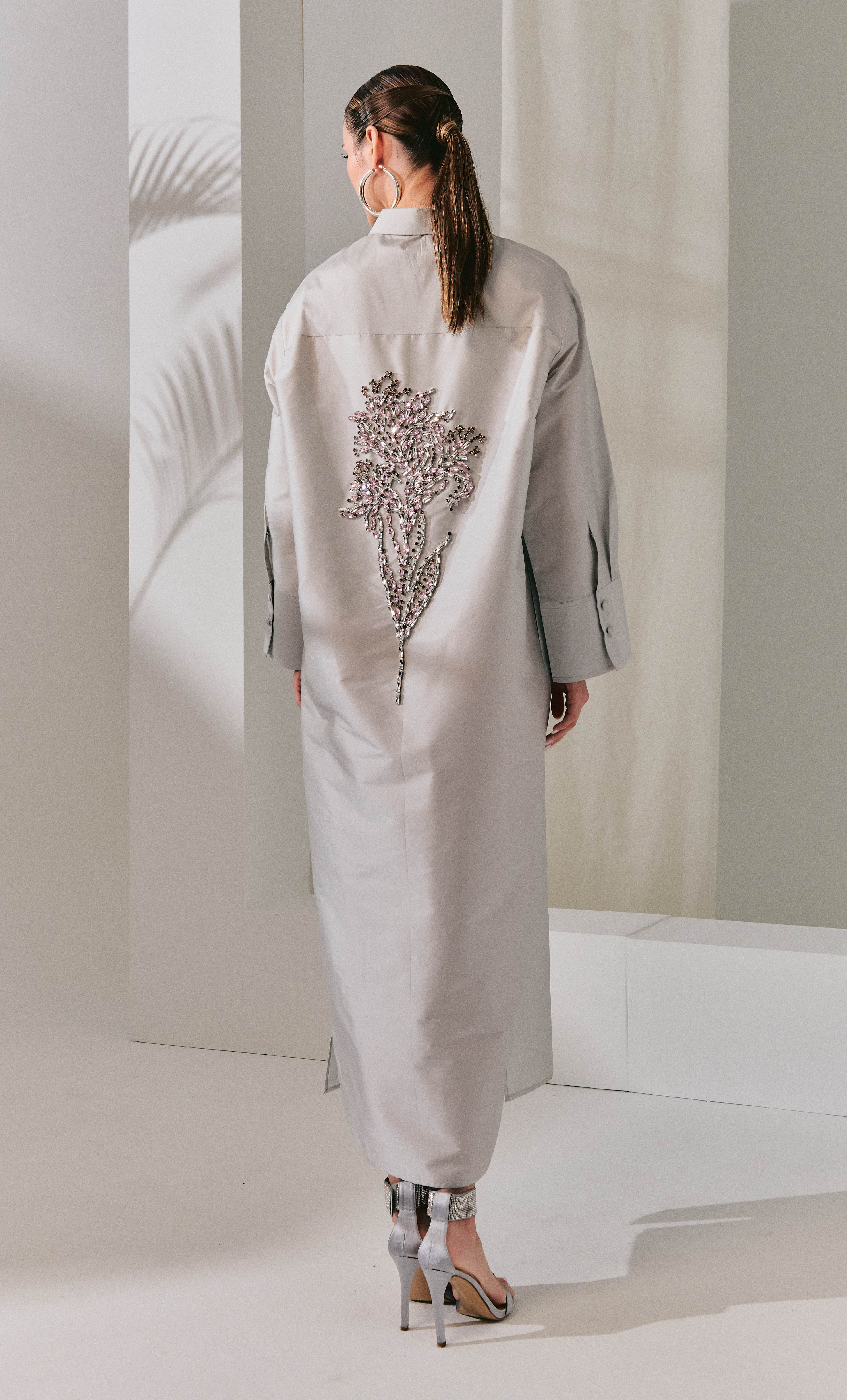 Beaded Jane Dress - Silver Structured Luxe Silk