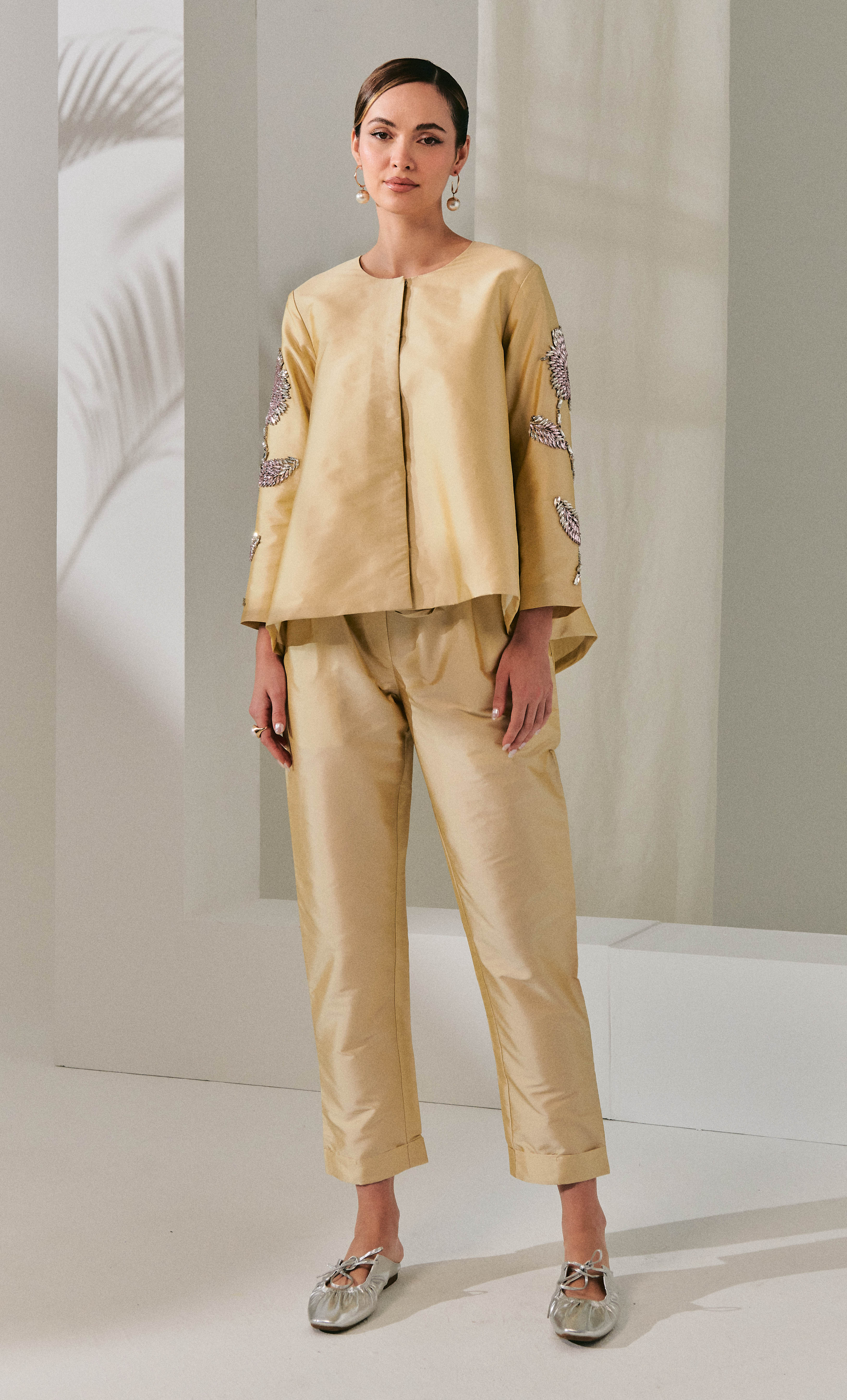 Beaded Jacket Set - Beige Structured Luxe Silk