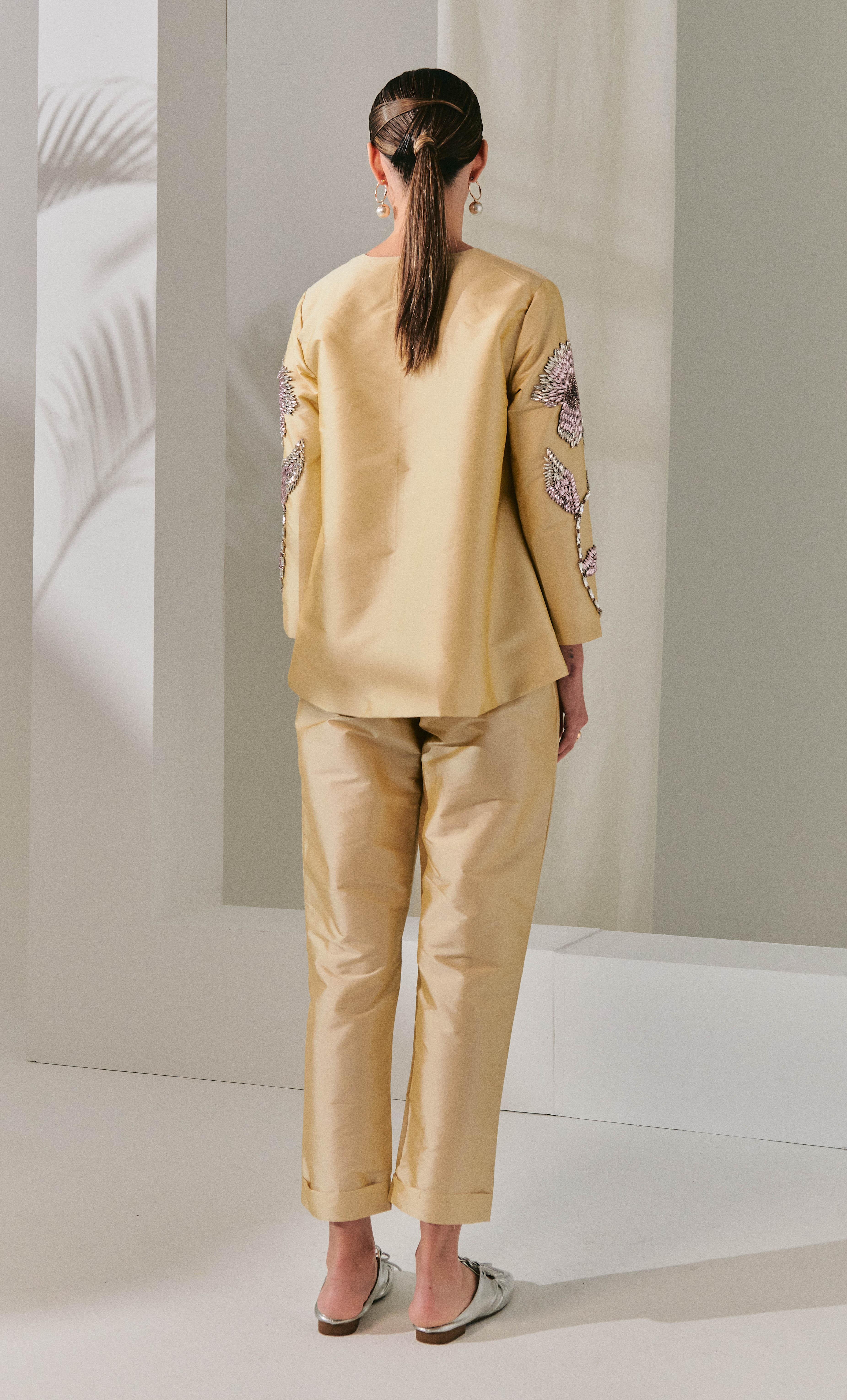 Beaded Jacket Set - Beige Structured Luxe Silk