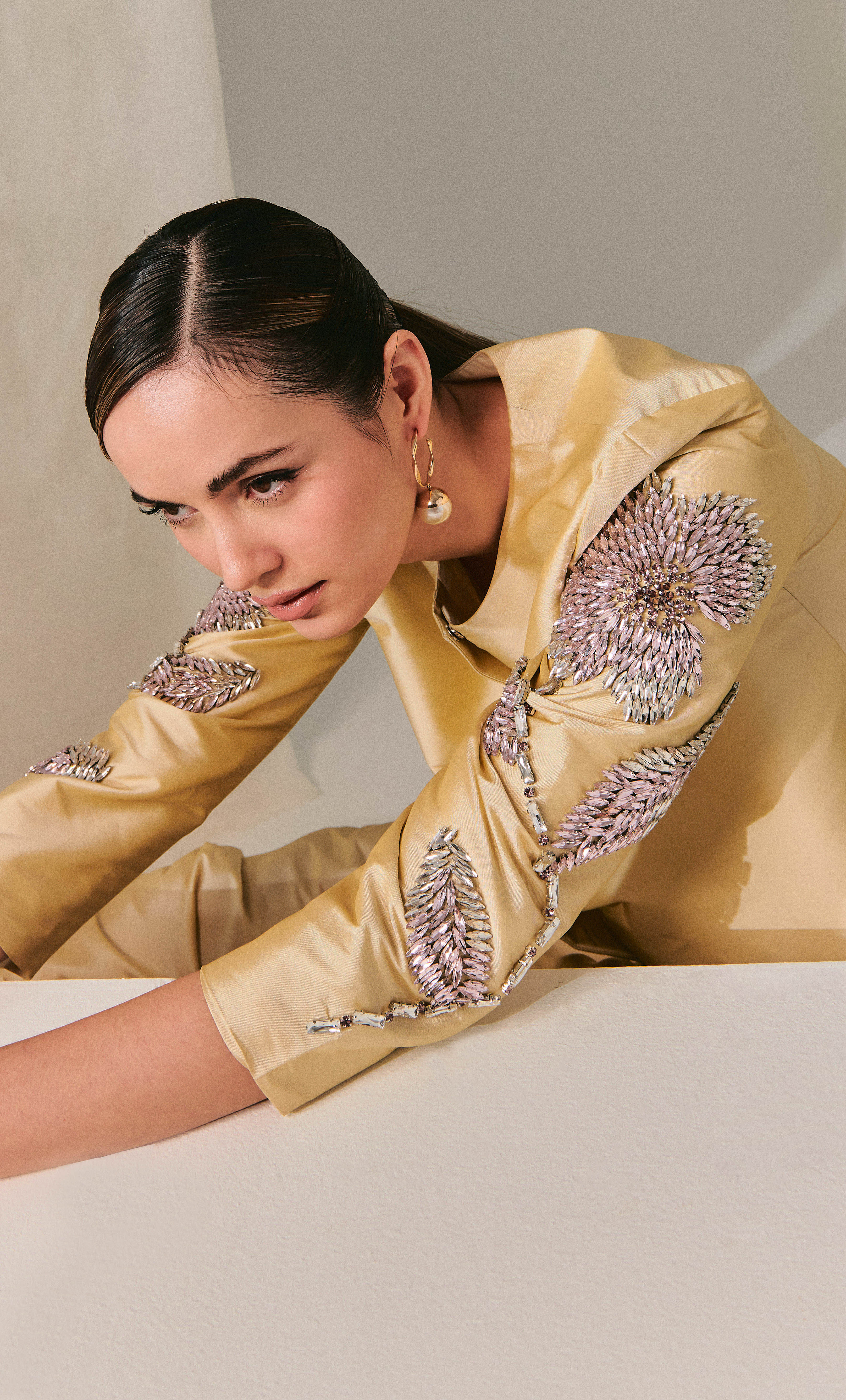 Beaded Jacket Set - Beige Structured Luxe Silk