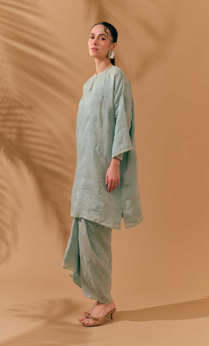 Long Kurung Opah Set - Teal Sage Green