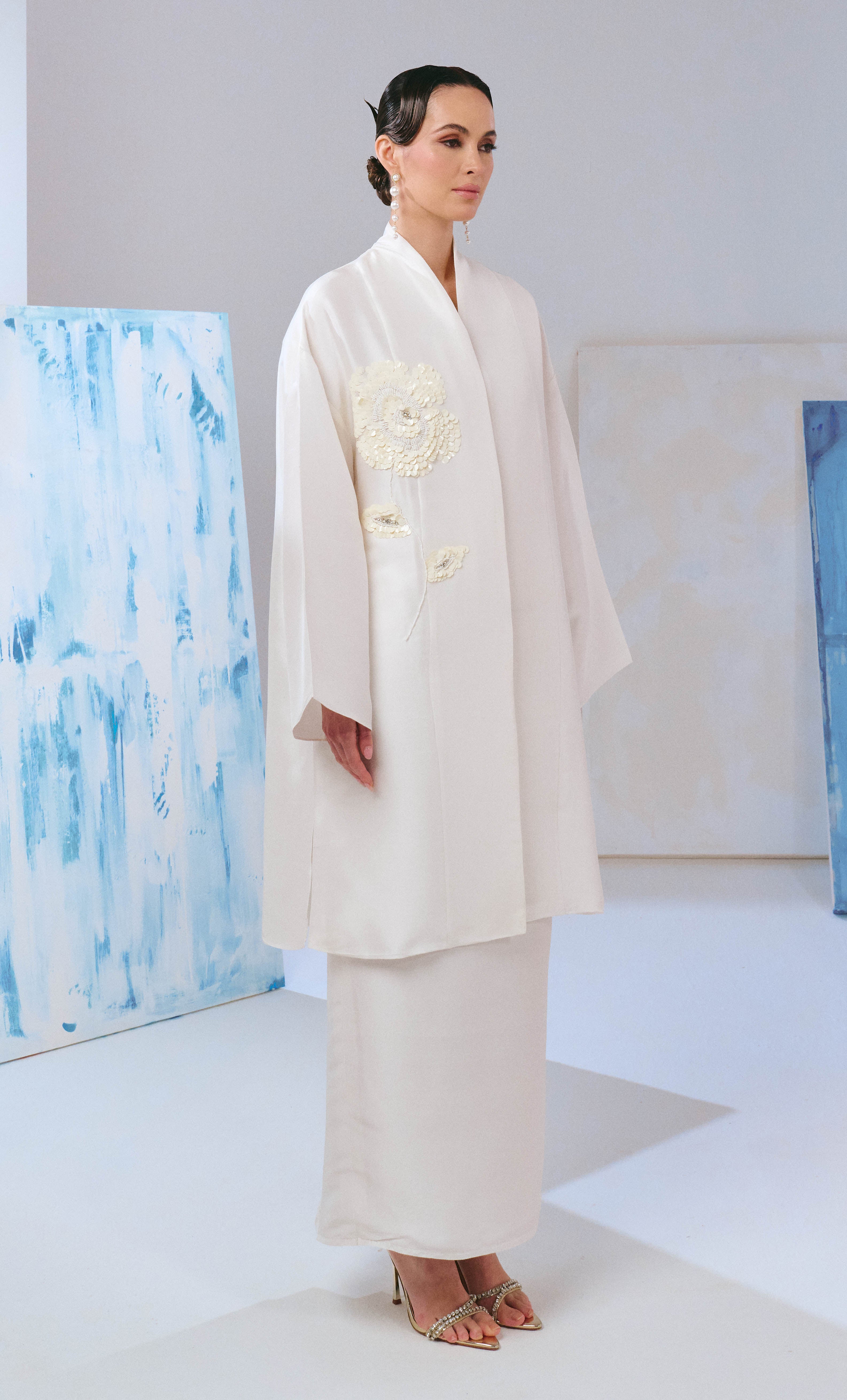 Beaded Long Kebaya Kimono Set - Off White Luxe Silk