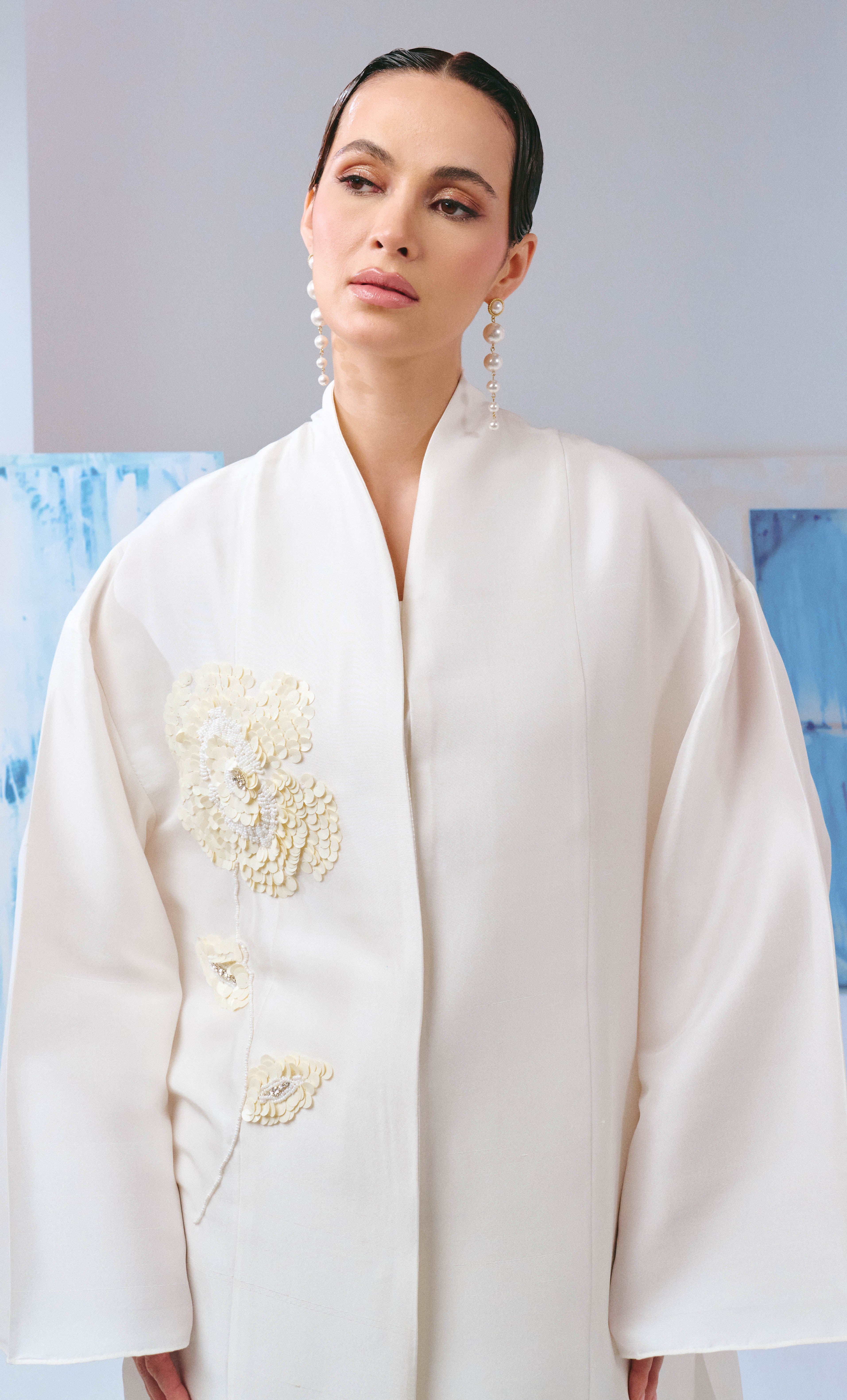 Beaded Long Kebaya Kimono Set - Off White Luxe Silk