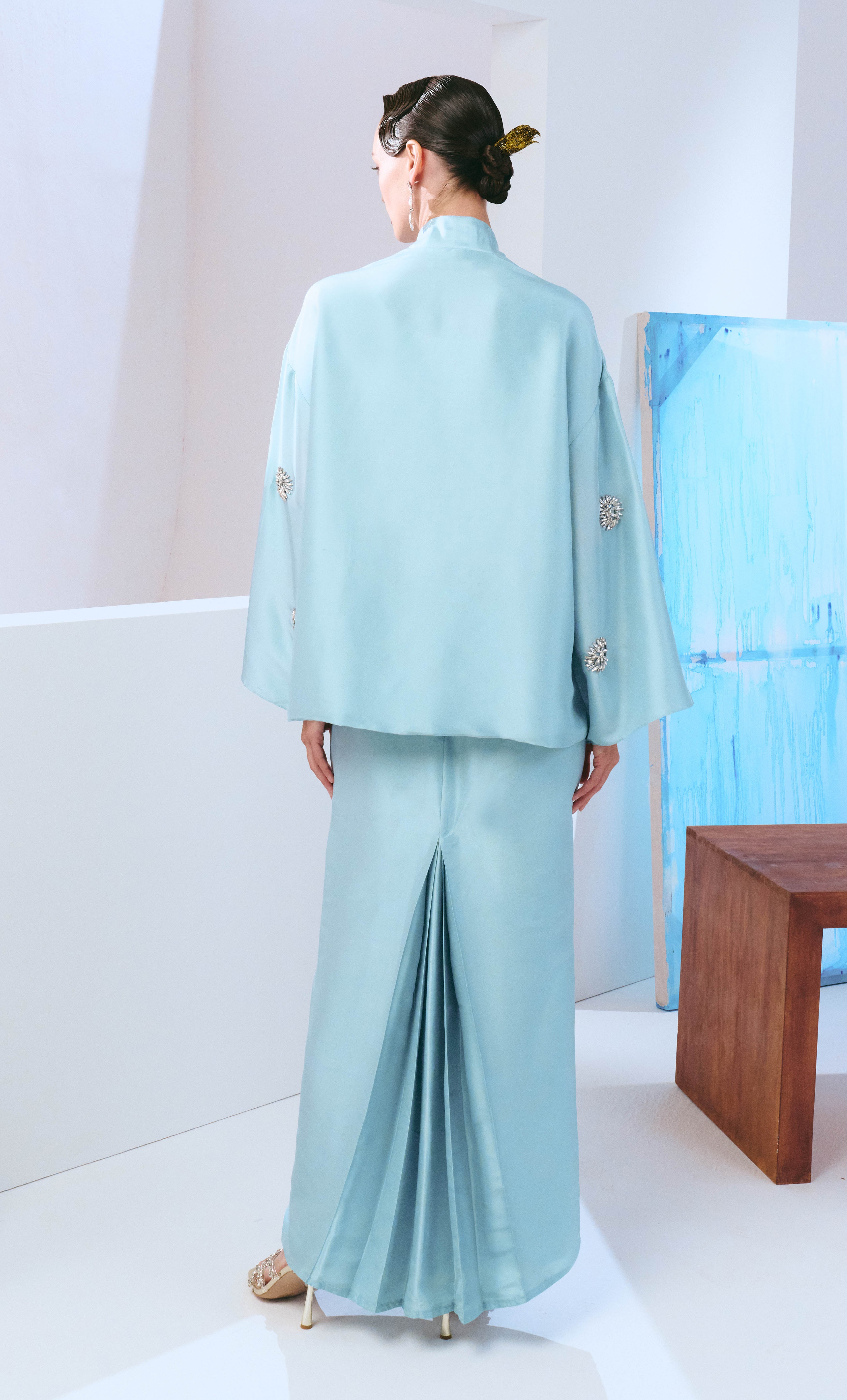 Beaded Short Kebaya Kimono Set - Dusty Blue Luxe Silk