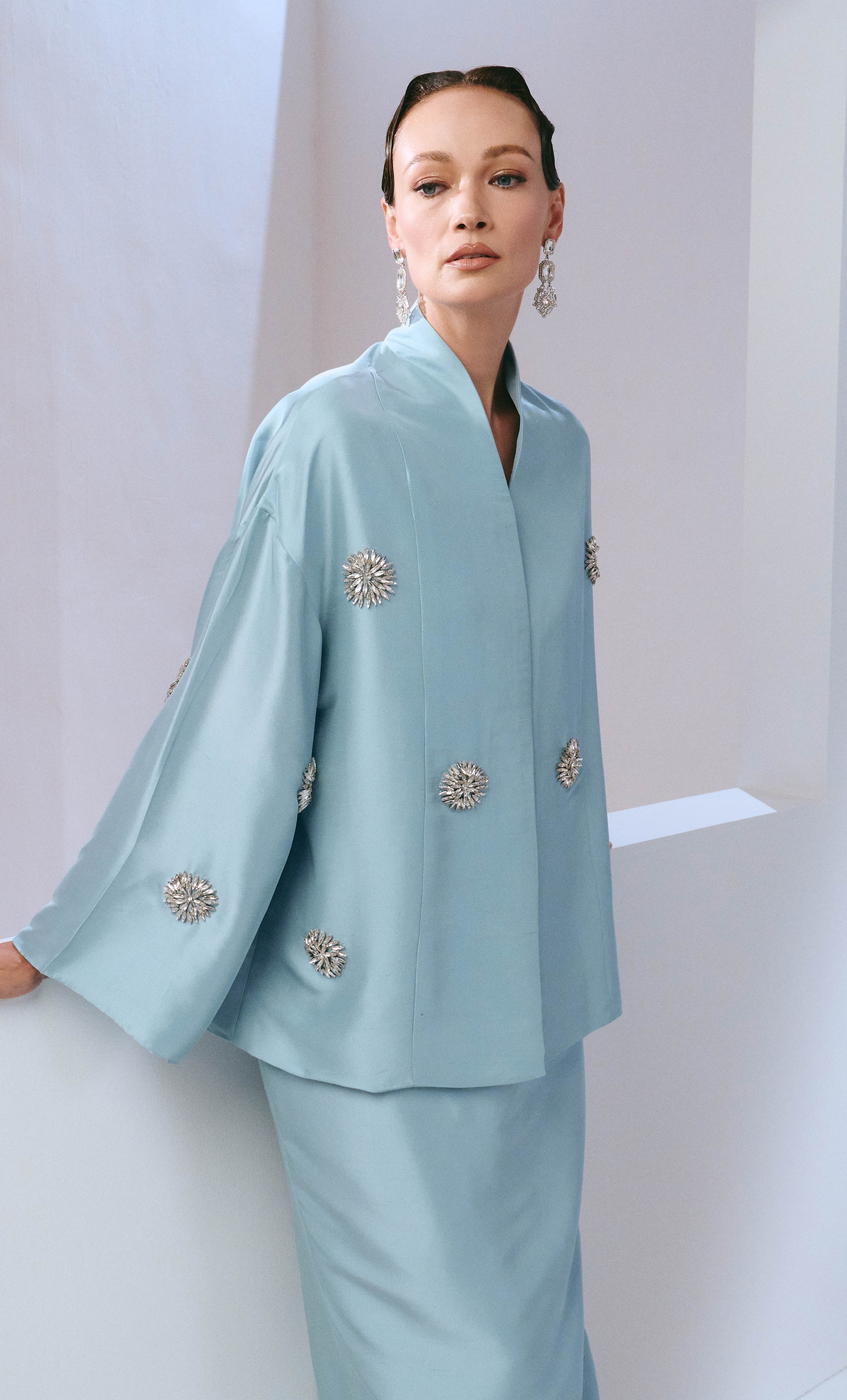 Beaded Short Kebaya Kimono Set - Dusty Blue Luxe Silk