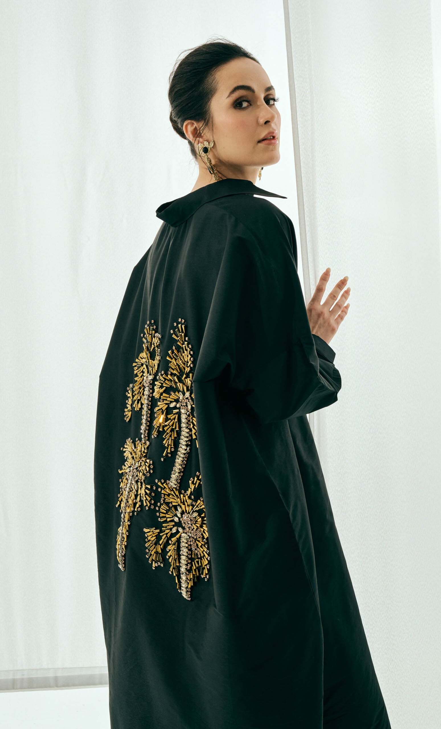 Marcella Collar Dress – Plain Black Structured Luxe Silk