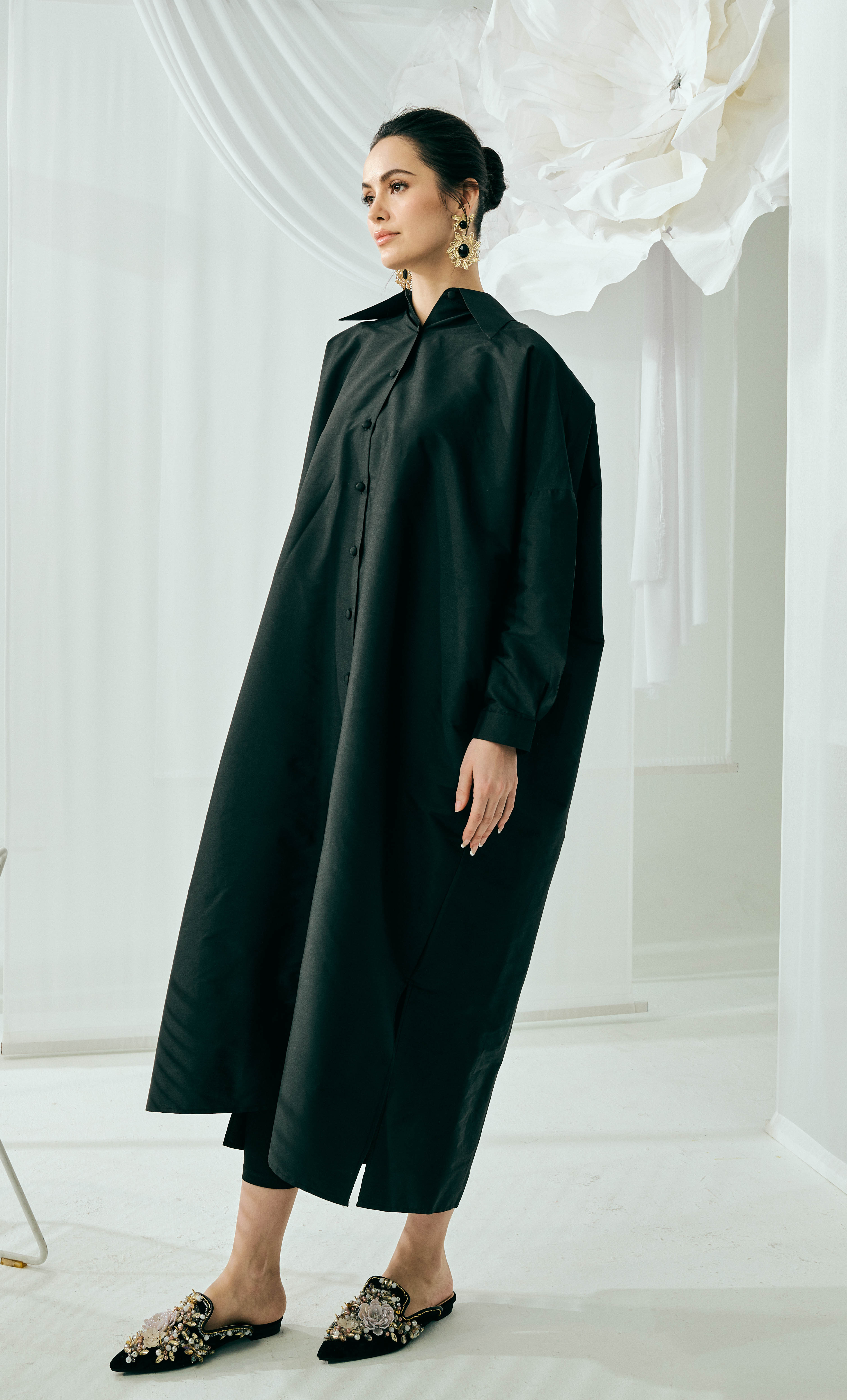 Marcella Collar Dress – Plain Black Structured Luxe Silk