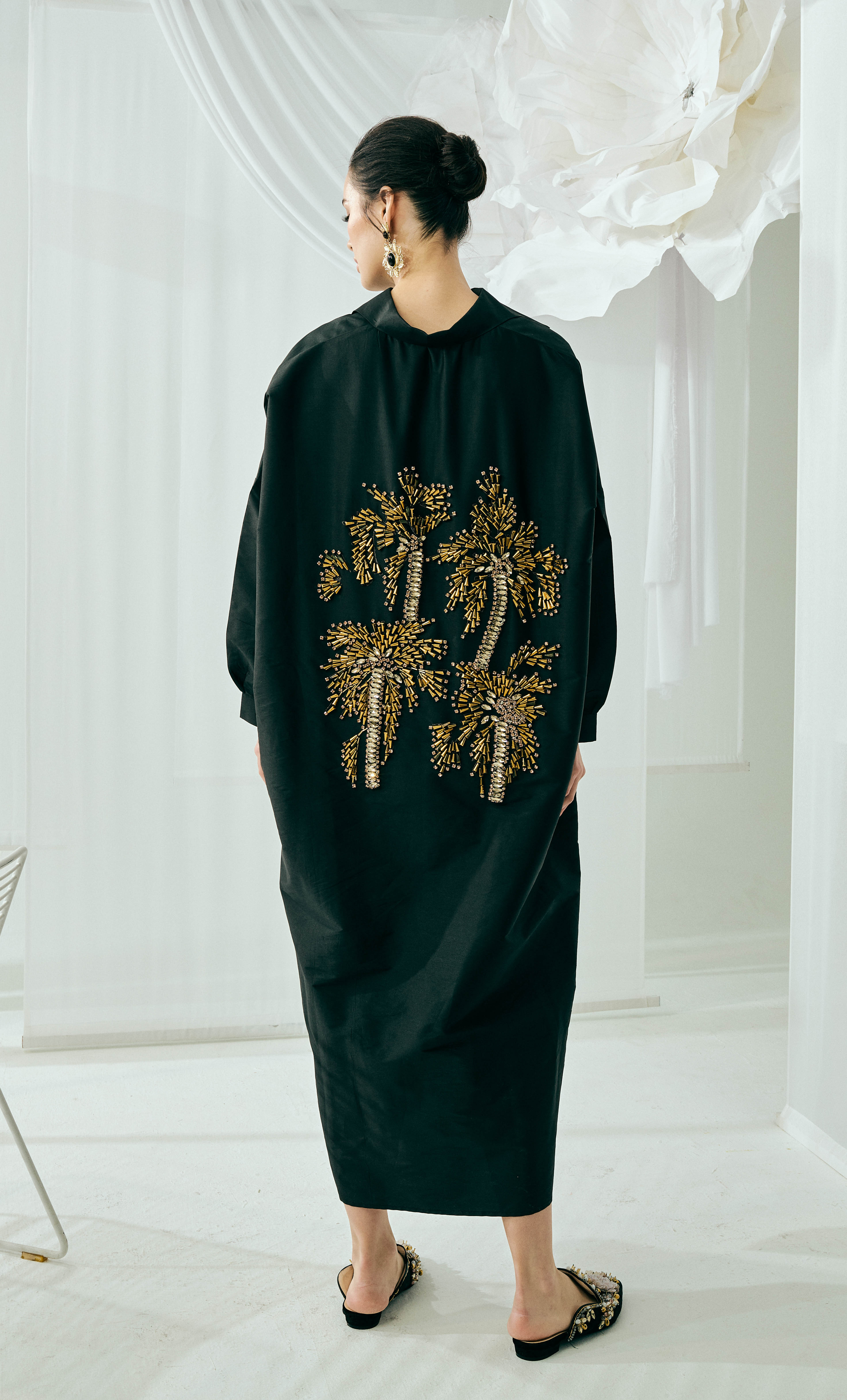 Marcella Collar Dress – Plain Black Structured Luxe Silk