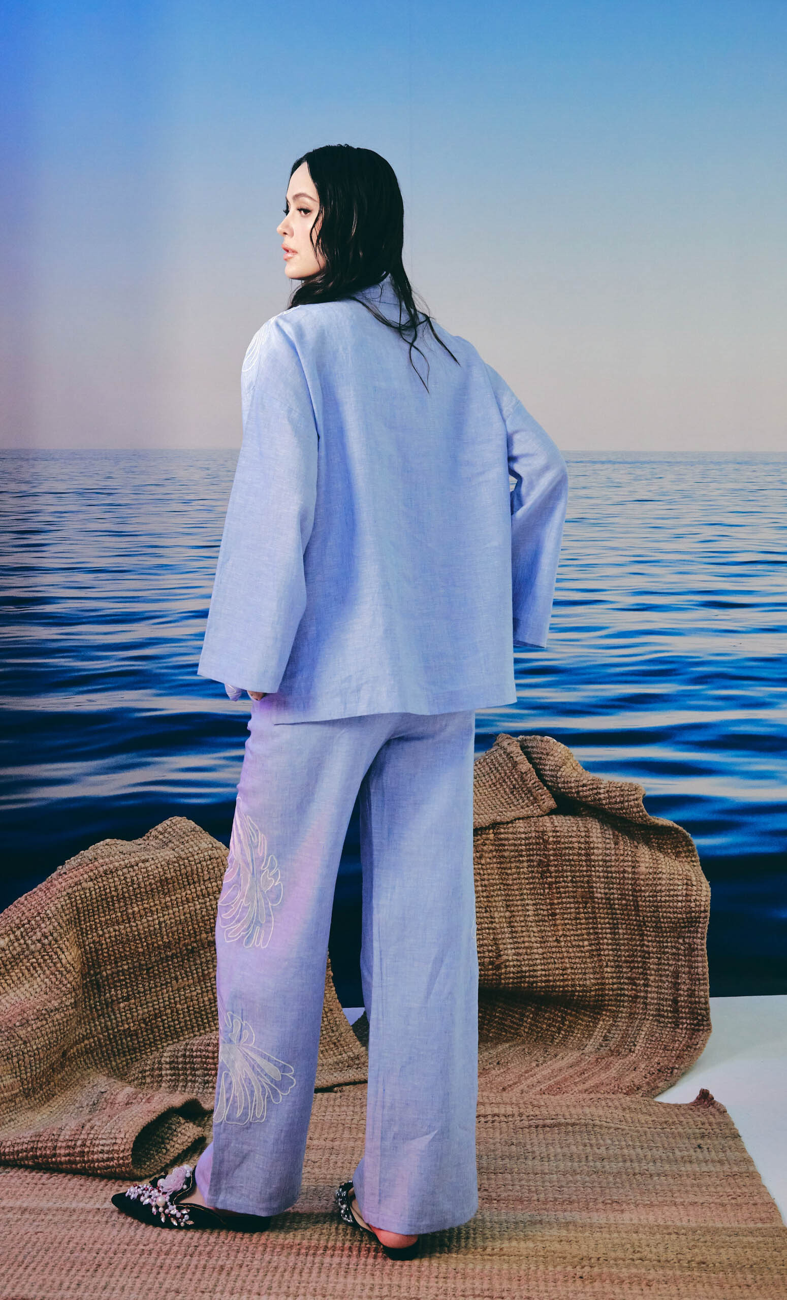 Kimono Ribbon With Alaia Palazzo Set – Monstera 2.0 Linen