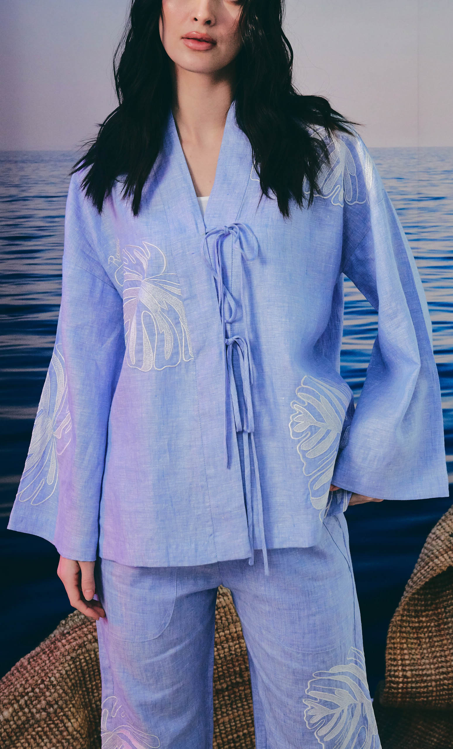Kimono Ribbon With Alaia Palazzo Set – Monstera 2.0 Linen