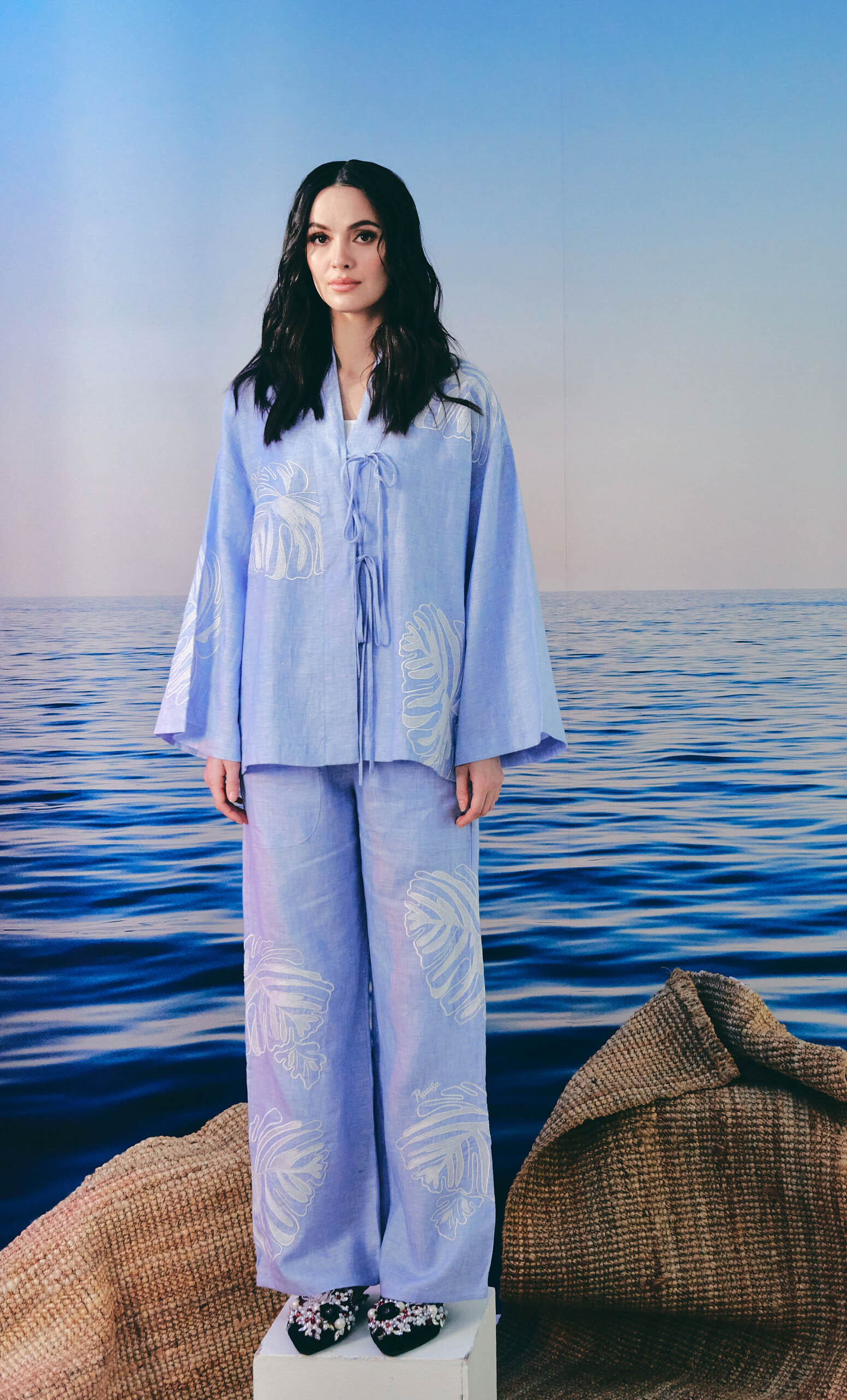 Kimono Ribbon With Alaia Palazzo Set – Monstera 2.0 Linen