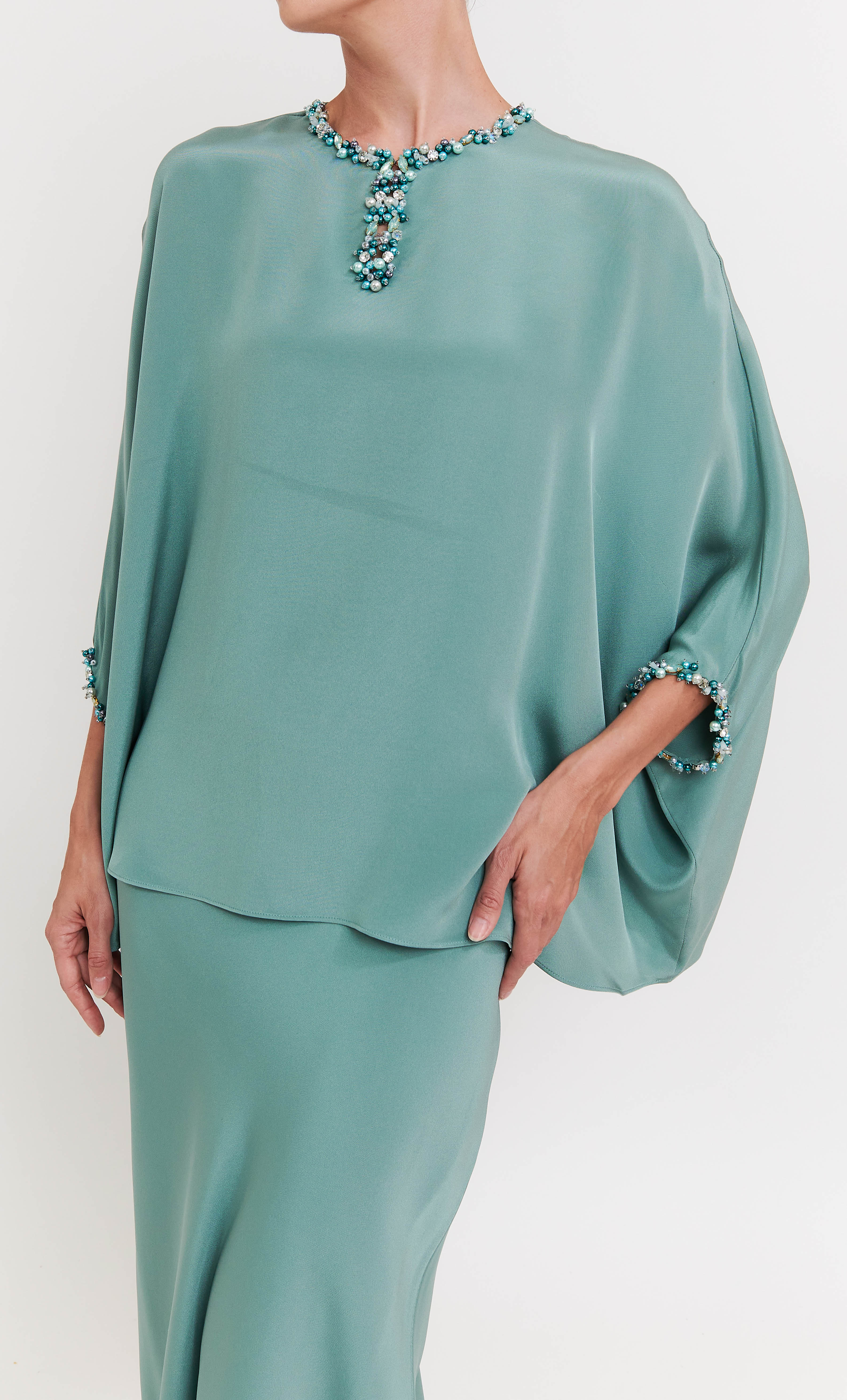 Nalia Beaded Set – Dusty Green Luxe Silk