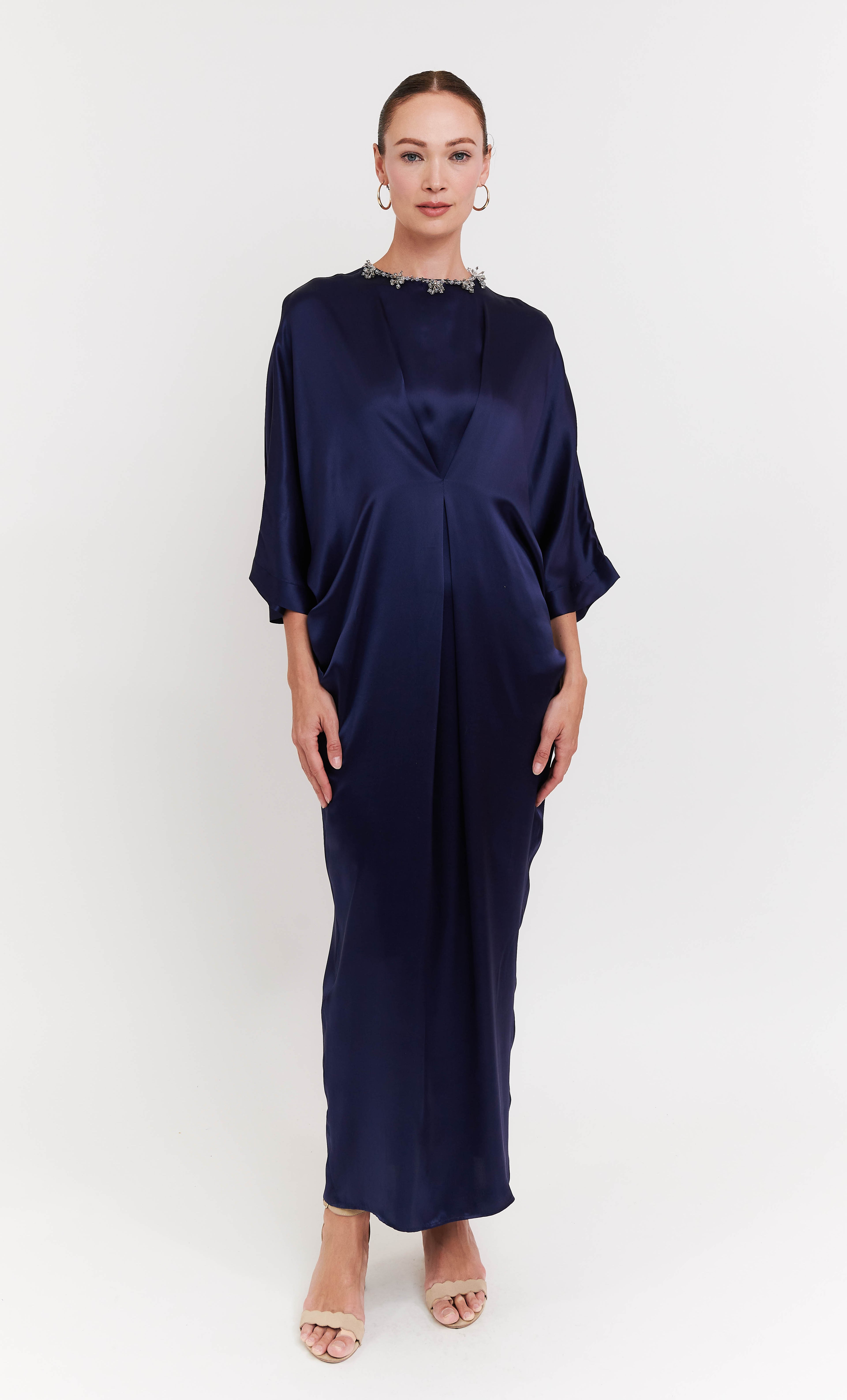 Beaded Juliana 3.0 Dress - Navy Blue Luxe Satin Silk
