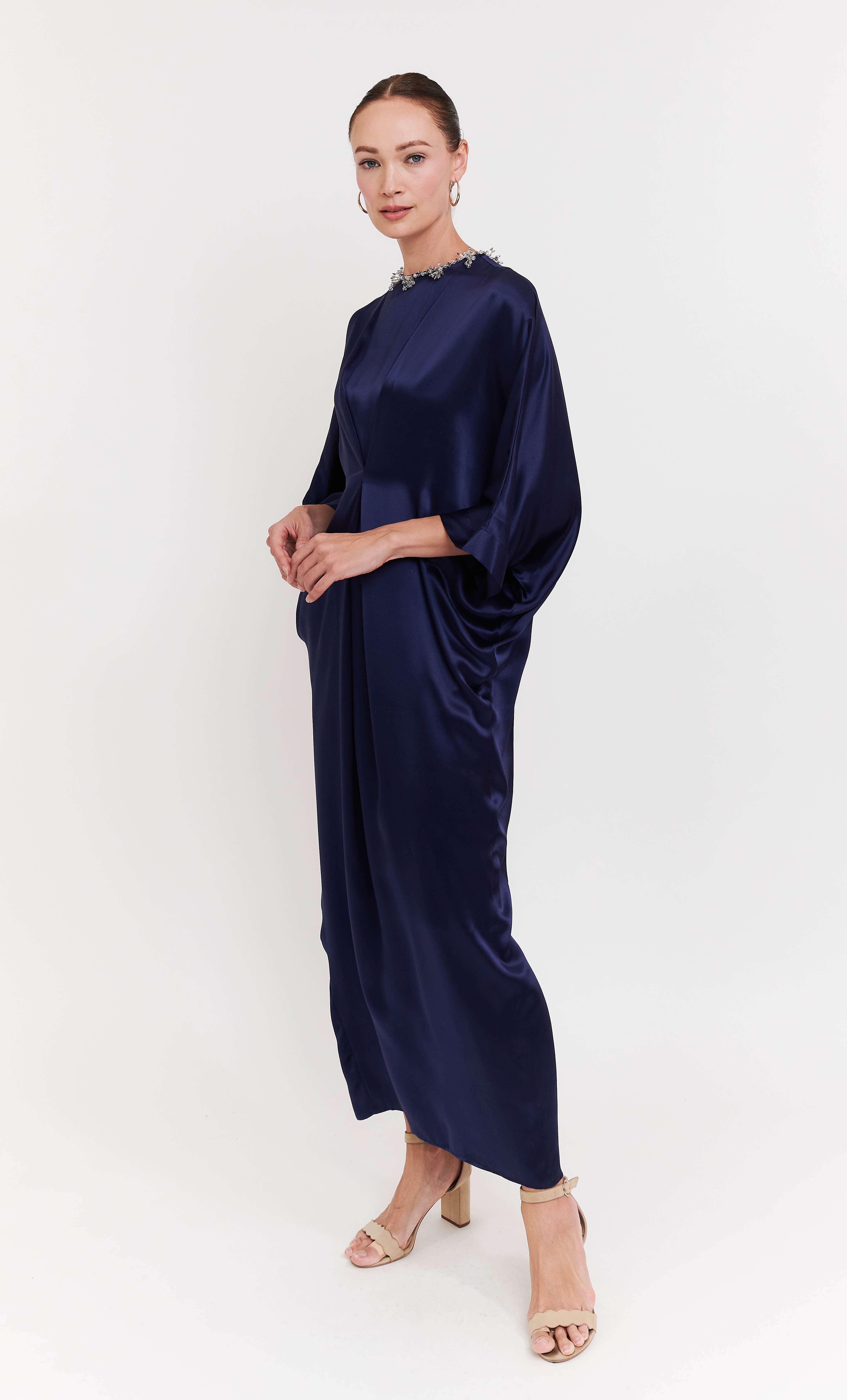 Beaded Juliana 3.0 Dress - Navy Blue Luxe Satin Silk