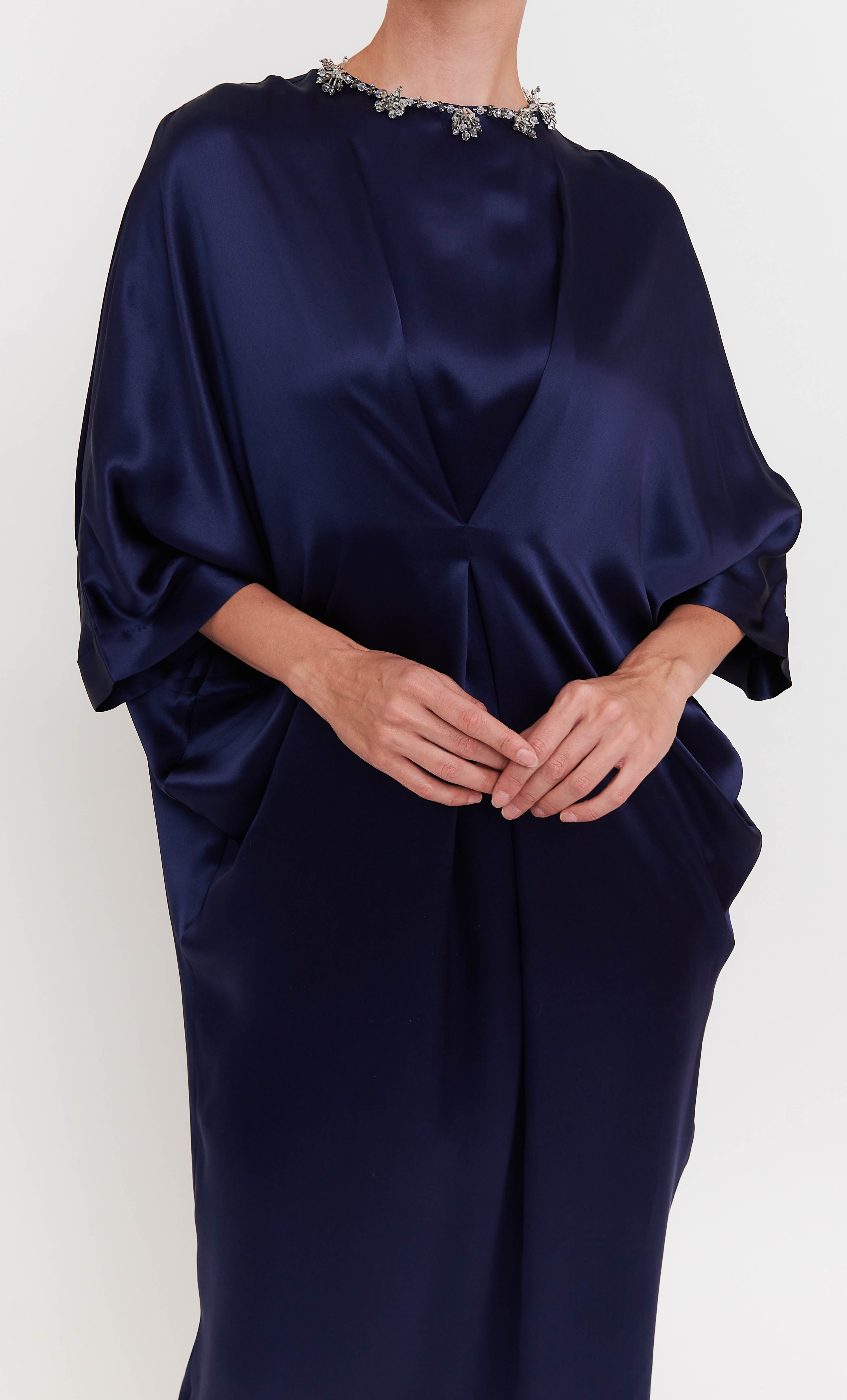 Beaded Juliana 3.0 Dress - Navy Blue Luxe Satin Silk