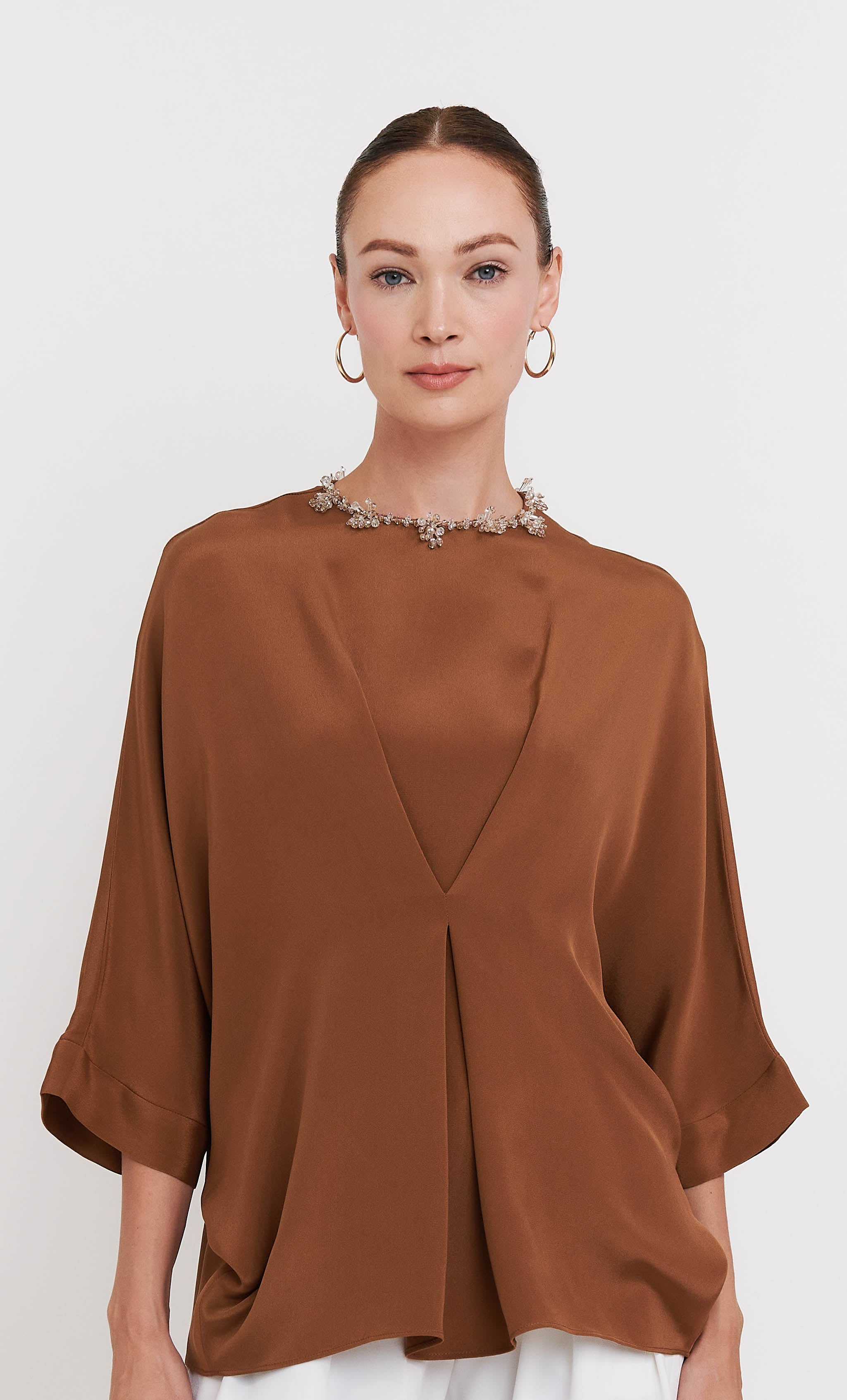 Juliana 3.0 Top – Beaded Brown Luxe Silk
