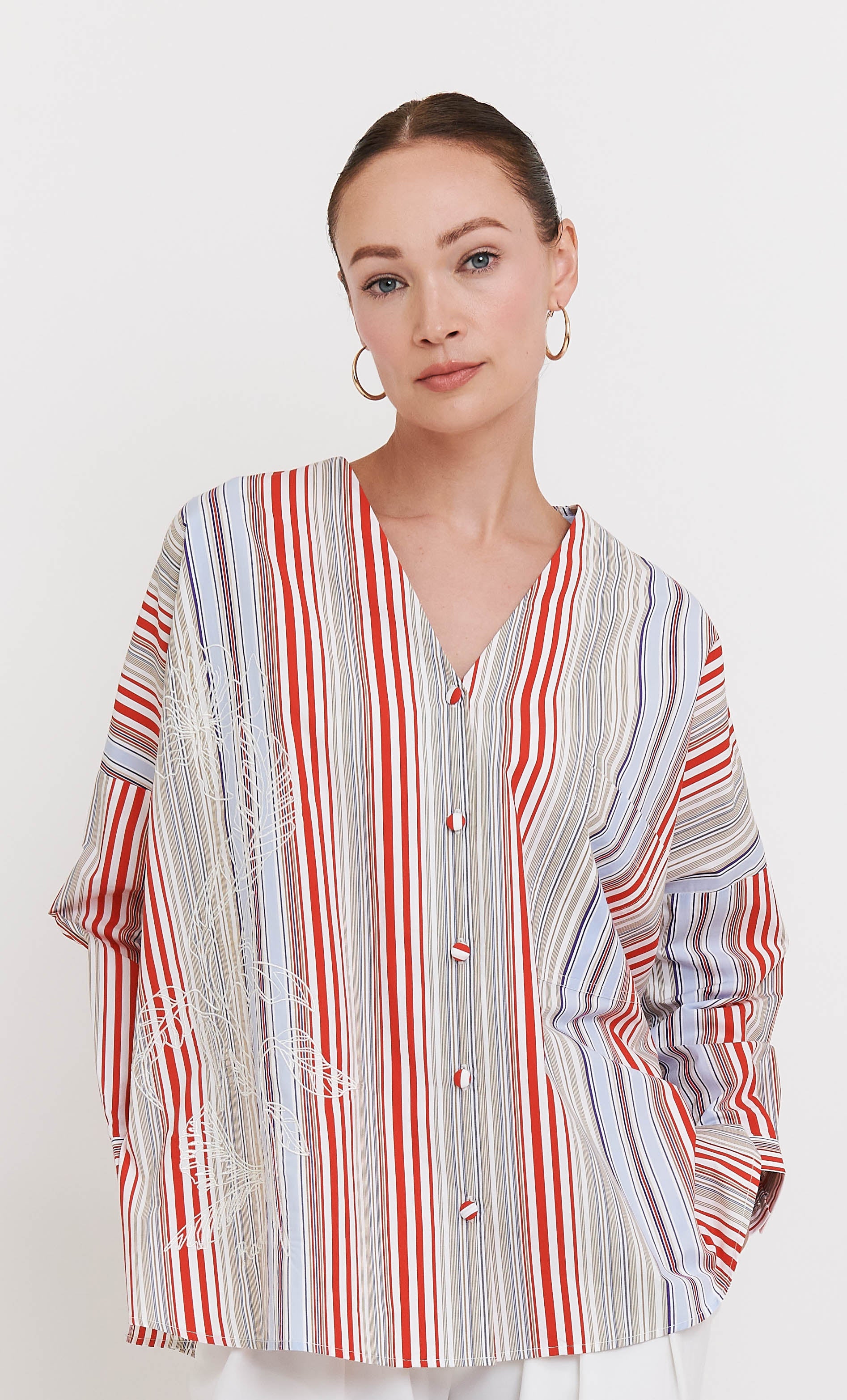 Marcella Top – Red Striped With Bauhinia Embroidery
