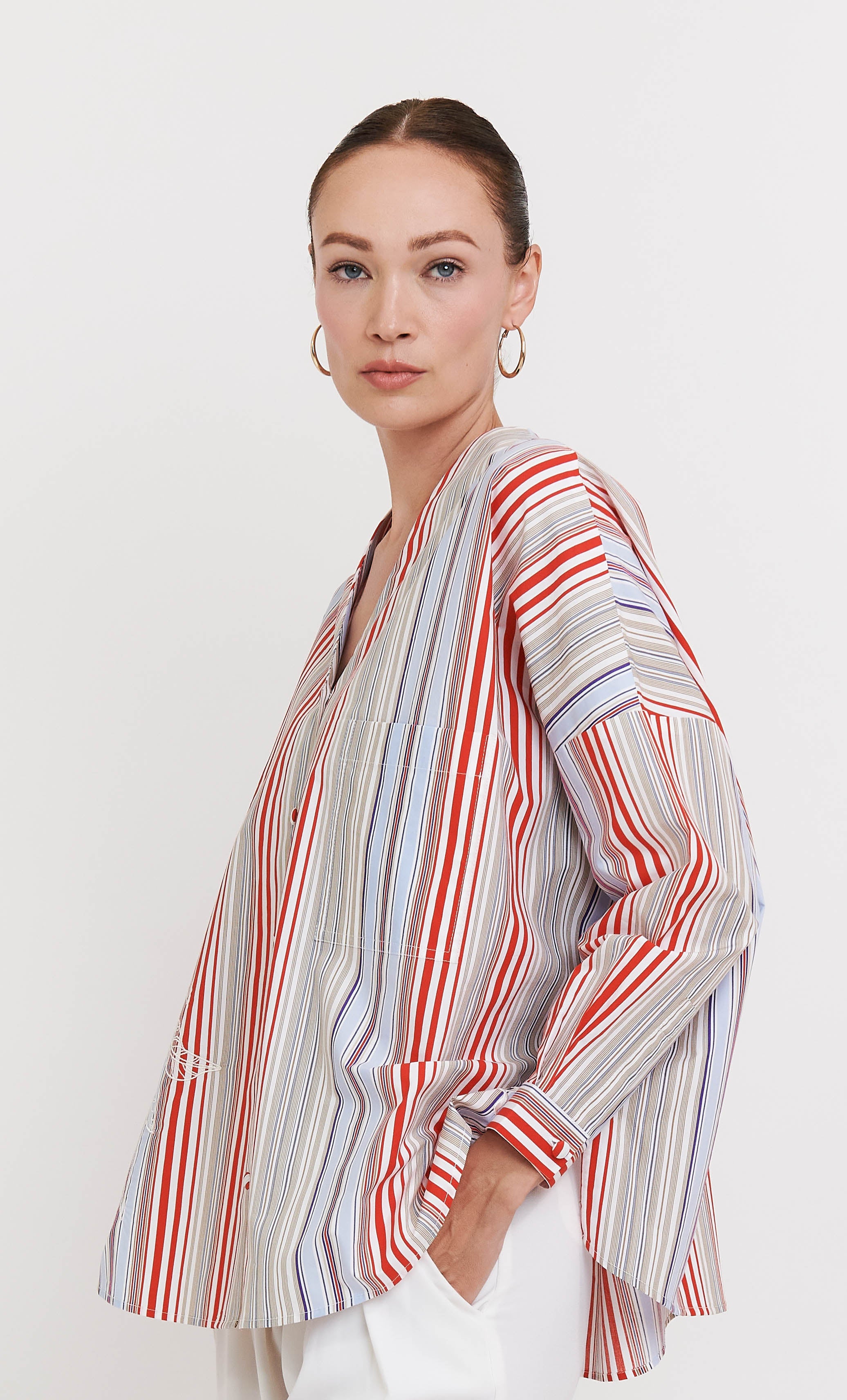 Marcella Top – Red Striped With Bauhinia Embroidery