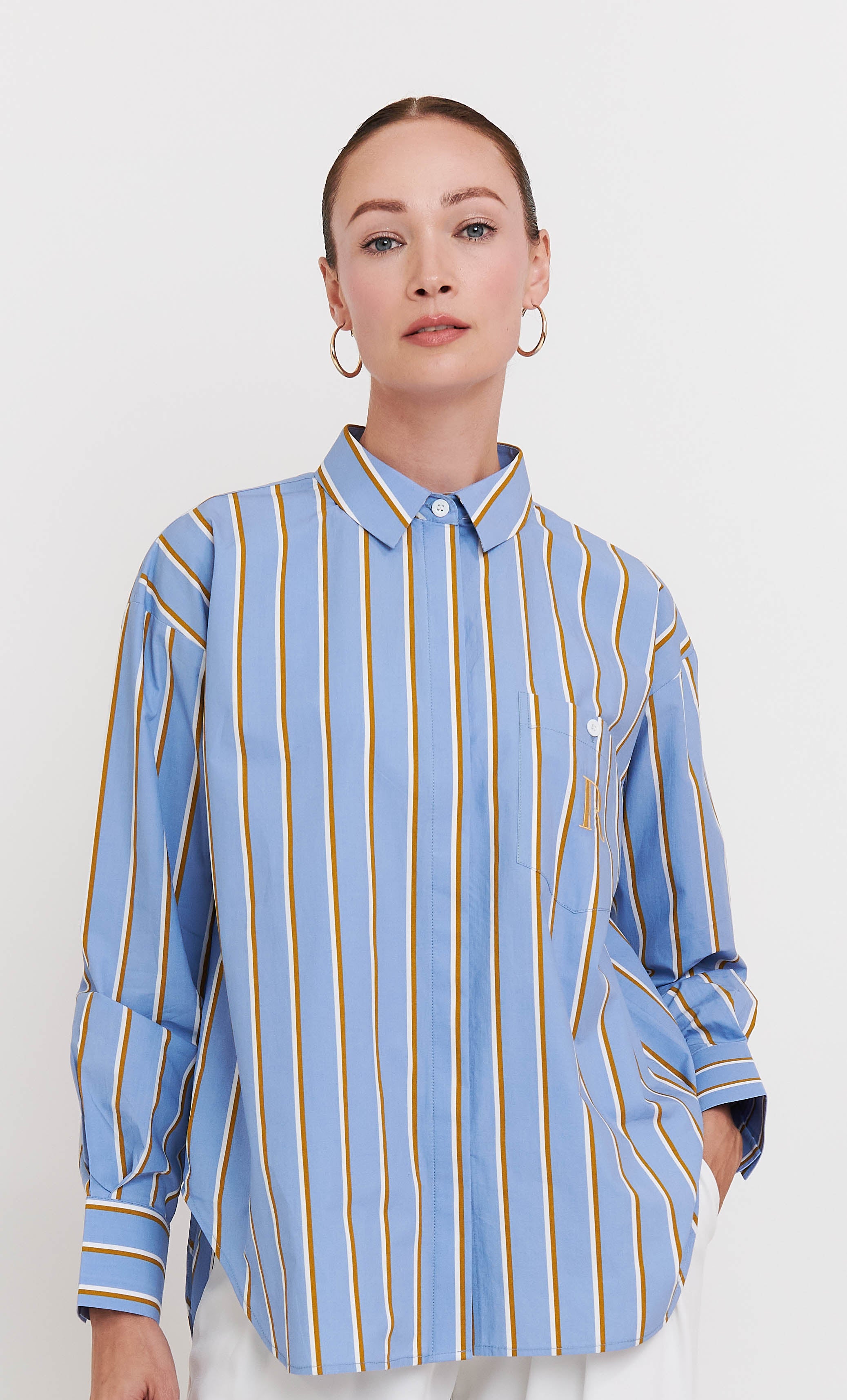 Shirt Top – Light Blue Striped With “R” Signature