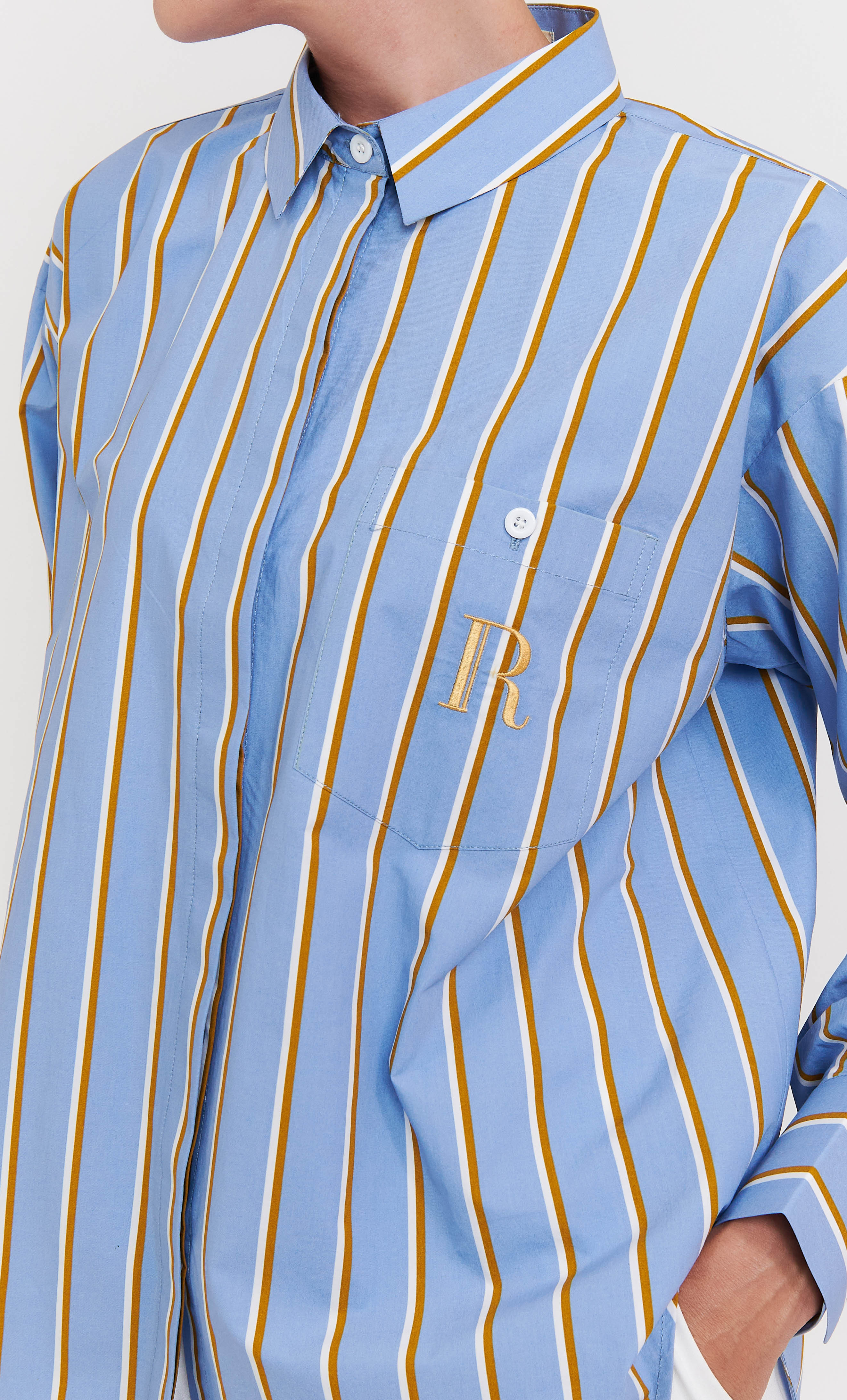 Shirt Top – Light Blue Striped With “R” Signature