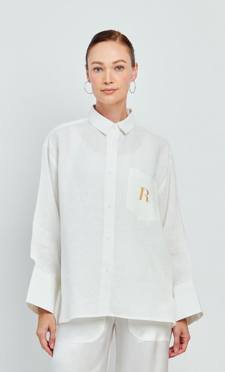 Jane Top – White cotton linen with ‘R‘ embroidery