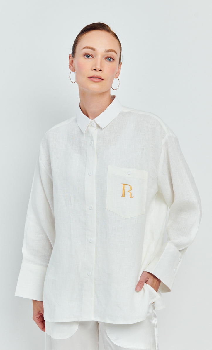 Jane Top – White cotton linen with ‘R‘ embroidery