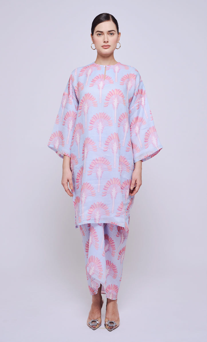 Palm Date Long Kurung Opah with Instant Pareo - Dusty Blue