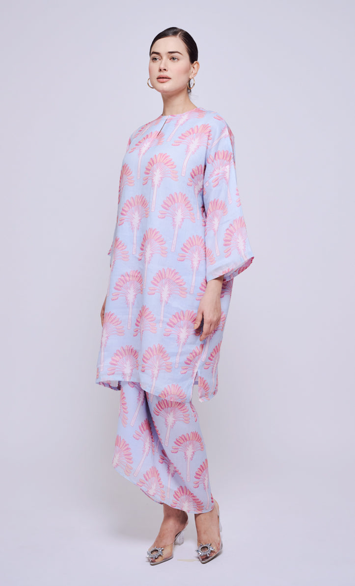 Palm Date Long Kurung Opah with Instant Pareo - Dusty Blue
