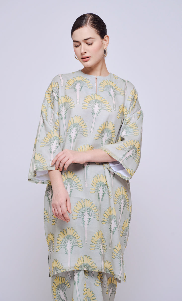 Palm Date Long Kurung Opah with Instant Pareo - Dusty Green