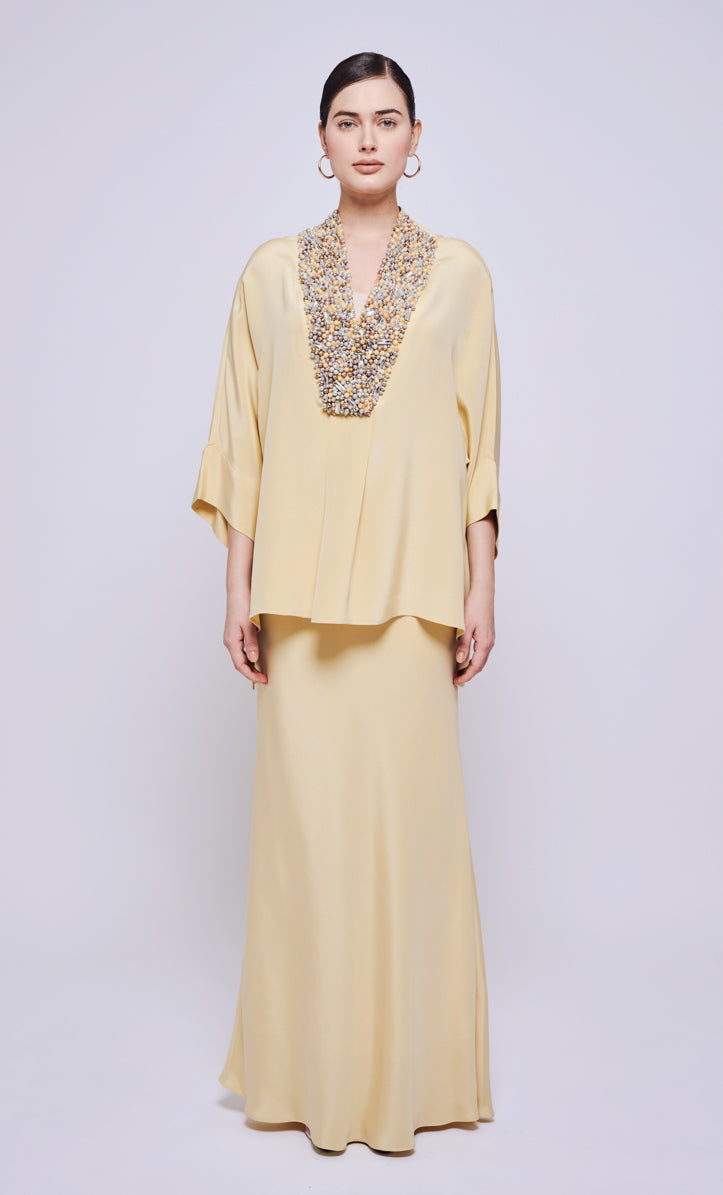Victoria Beaded Set - Yellow Cream Heavy Crepe