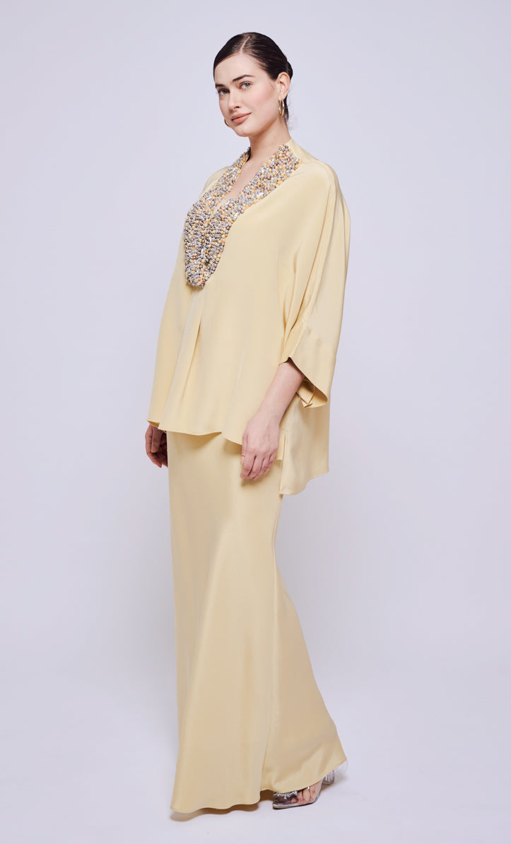 Victoria Beaded Set - Yellow Cream Heavy Crepe