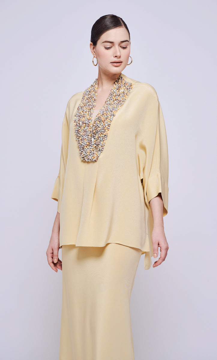 Victoria Beaded Set - Yellow Cream Heavy Crepe