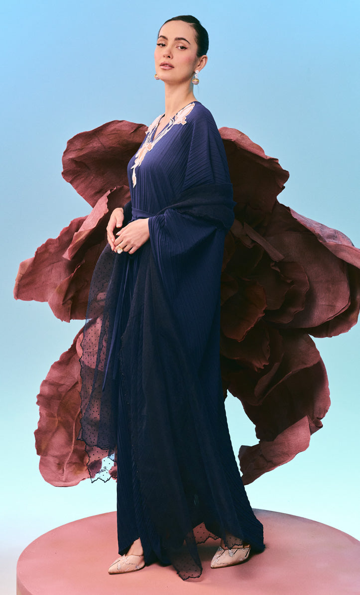 Embroidery Velour Navy Blue Inara Dress with Ribbon