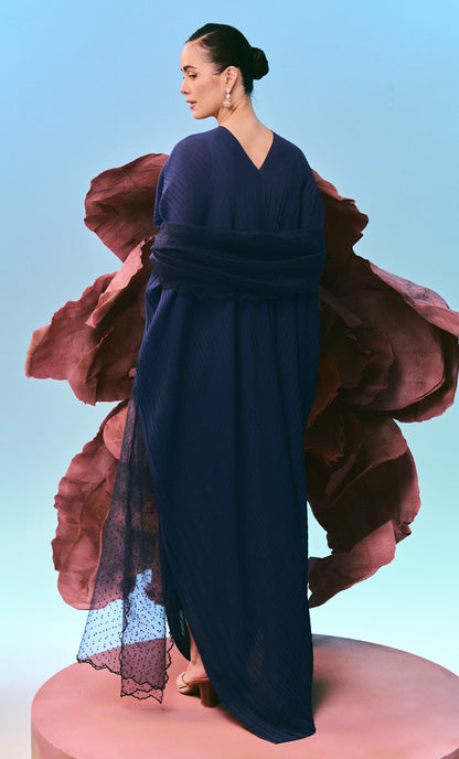 Embroidery Velour Navy Blue Inara Dress with Ribbon