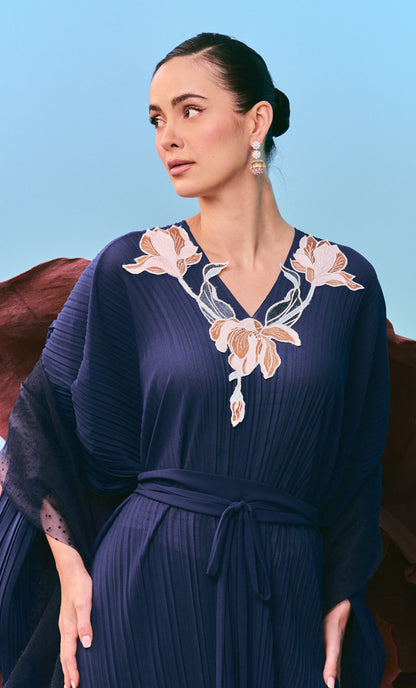 Embroidery Velour Navy Blue Inara Dress with Ribbon