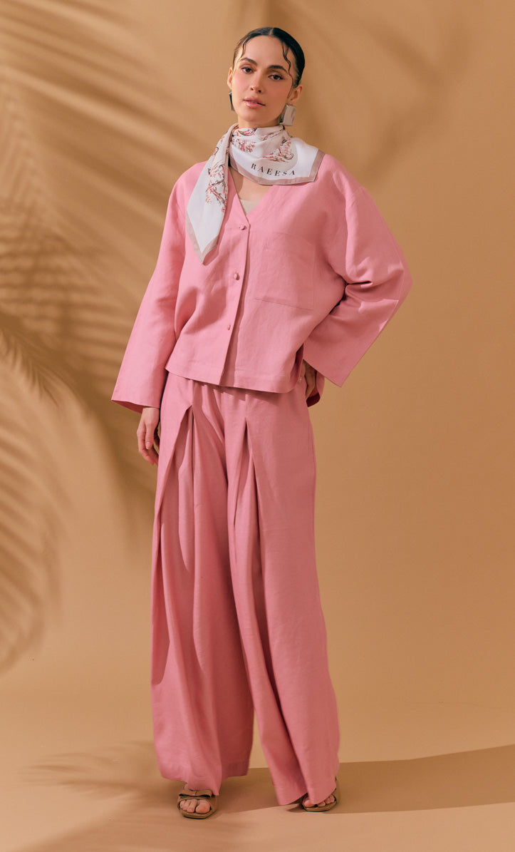 Marcella Top with Pleated Palazo Pants - Palm Embroidery