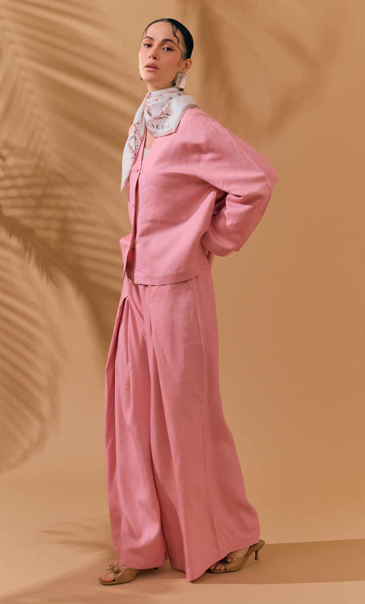 Marcella Top with Pleated Palazo Pants - Palm Embroidery