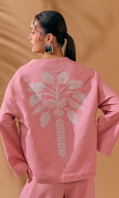 Marcella Top with Pleated Palazo Pants - Palm Embroidery