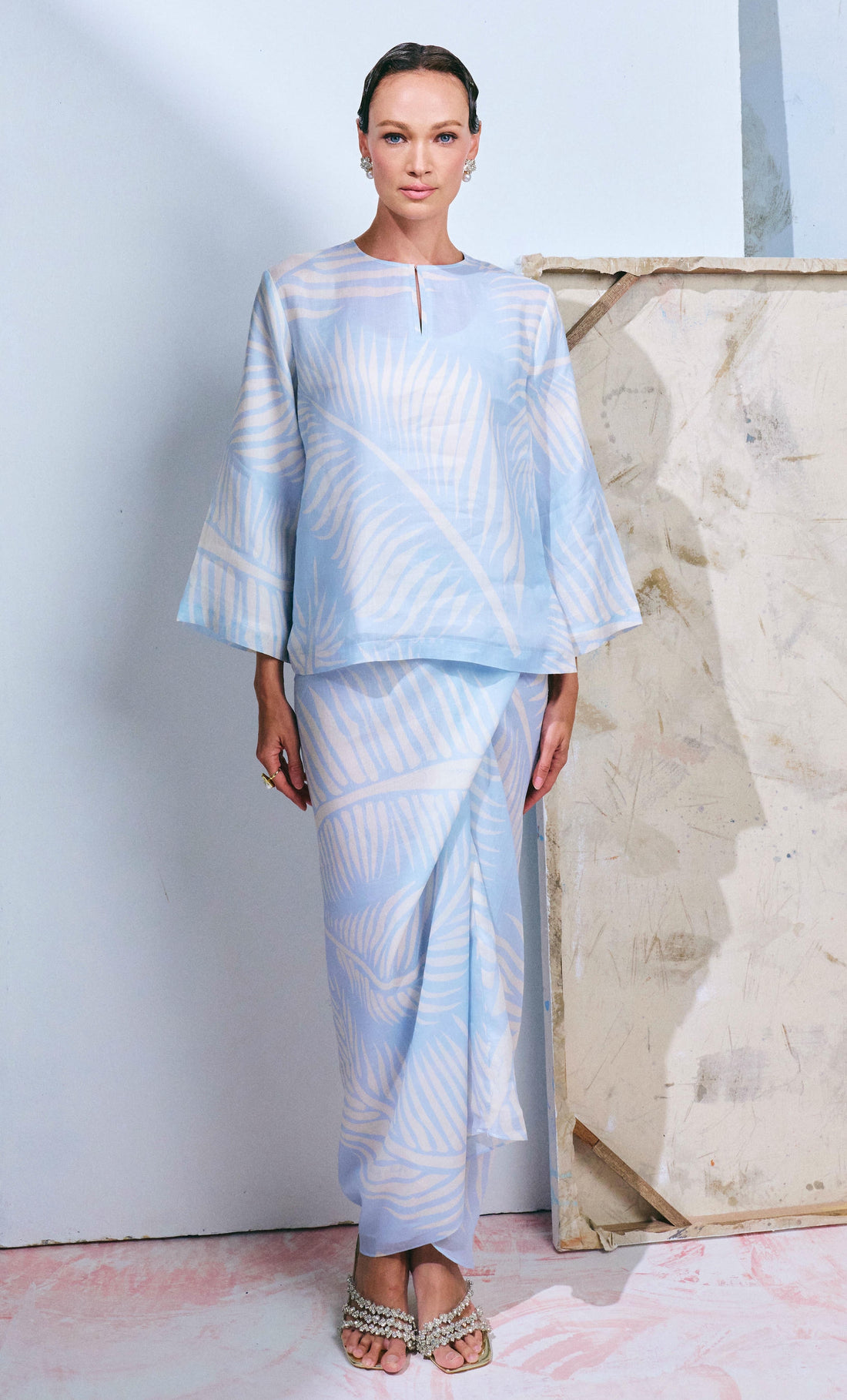 Coco Leaf Kurung Kedah with Instant Pareo - Dusty Blue