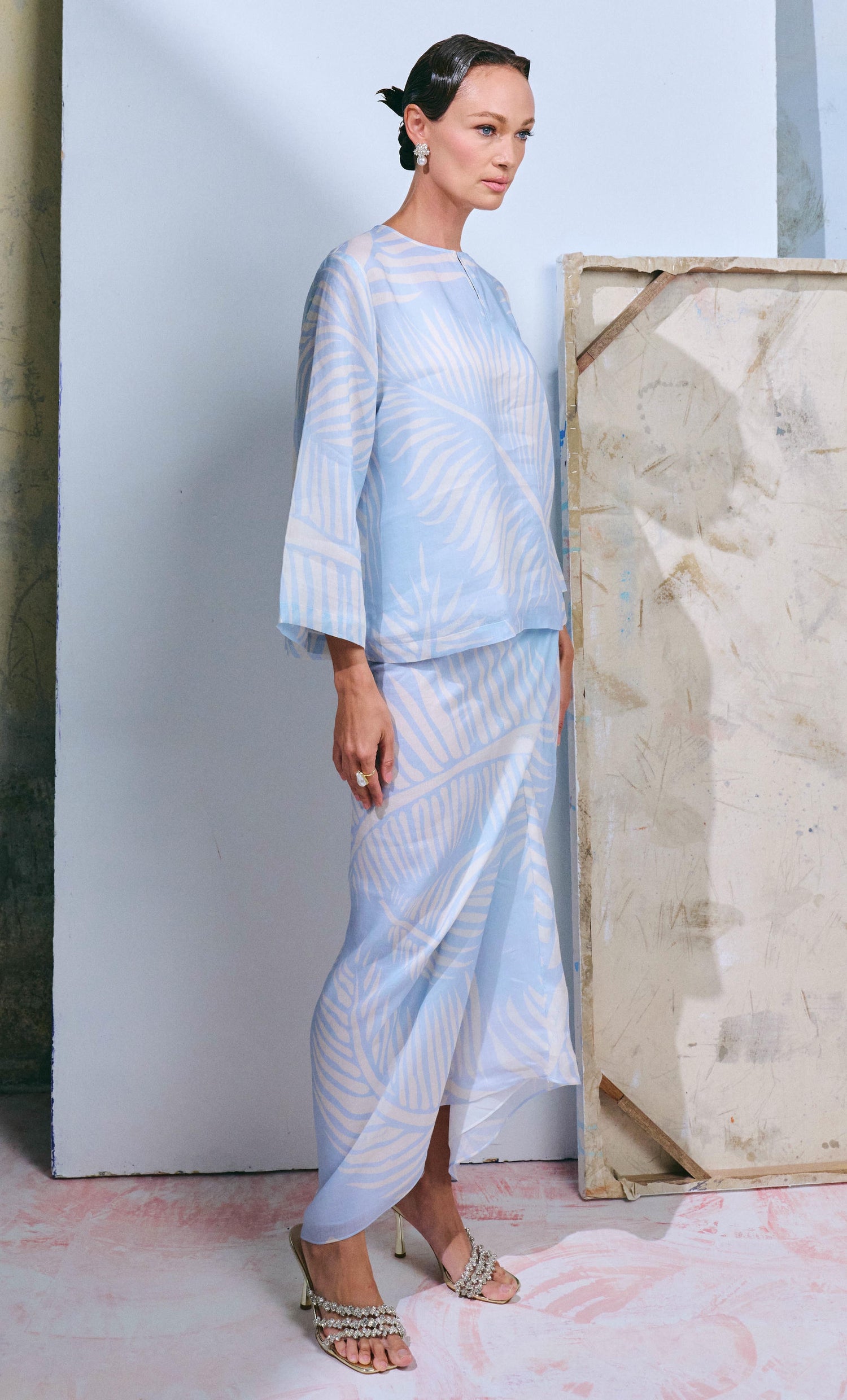 Coco Leaf Kurung Kedah with Instant Pareo - Dusty Blue