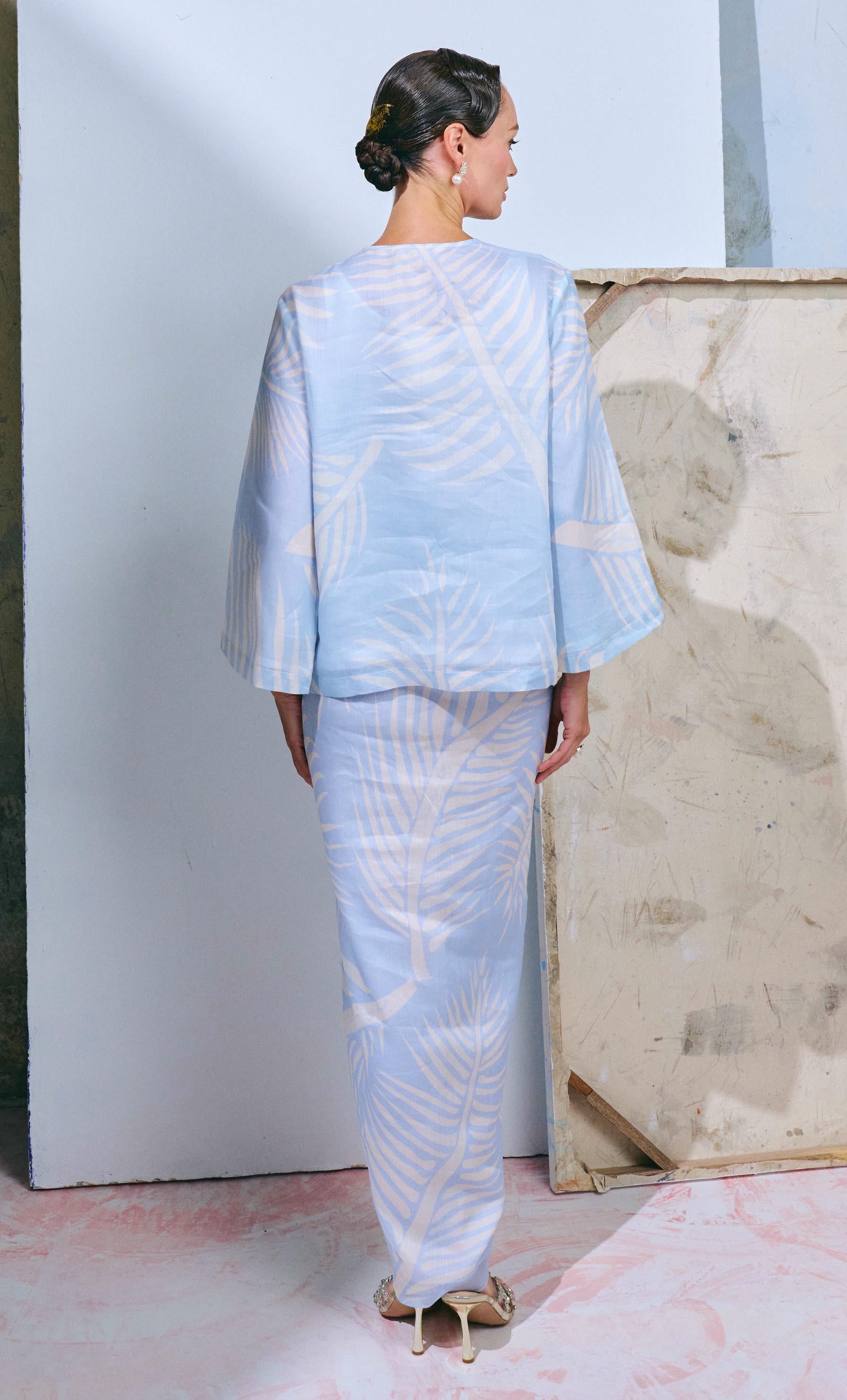 Coco Leaf Kurung Kedah with Instant Pareo - Dusty Blue