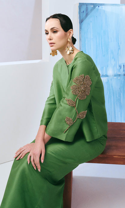 Beaded Kurung Kedah Set - Moss Green Luxe Silk