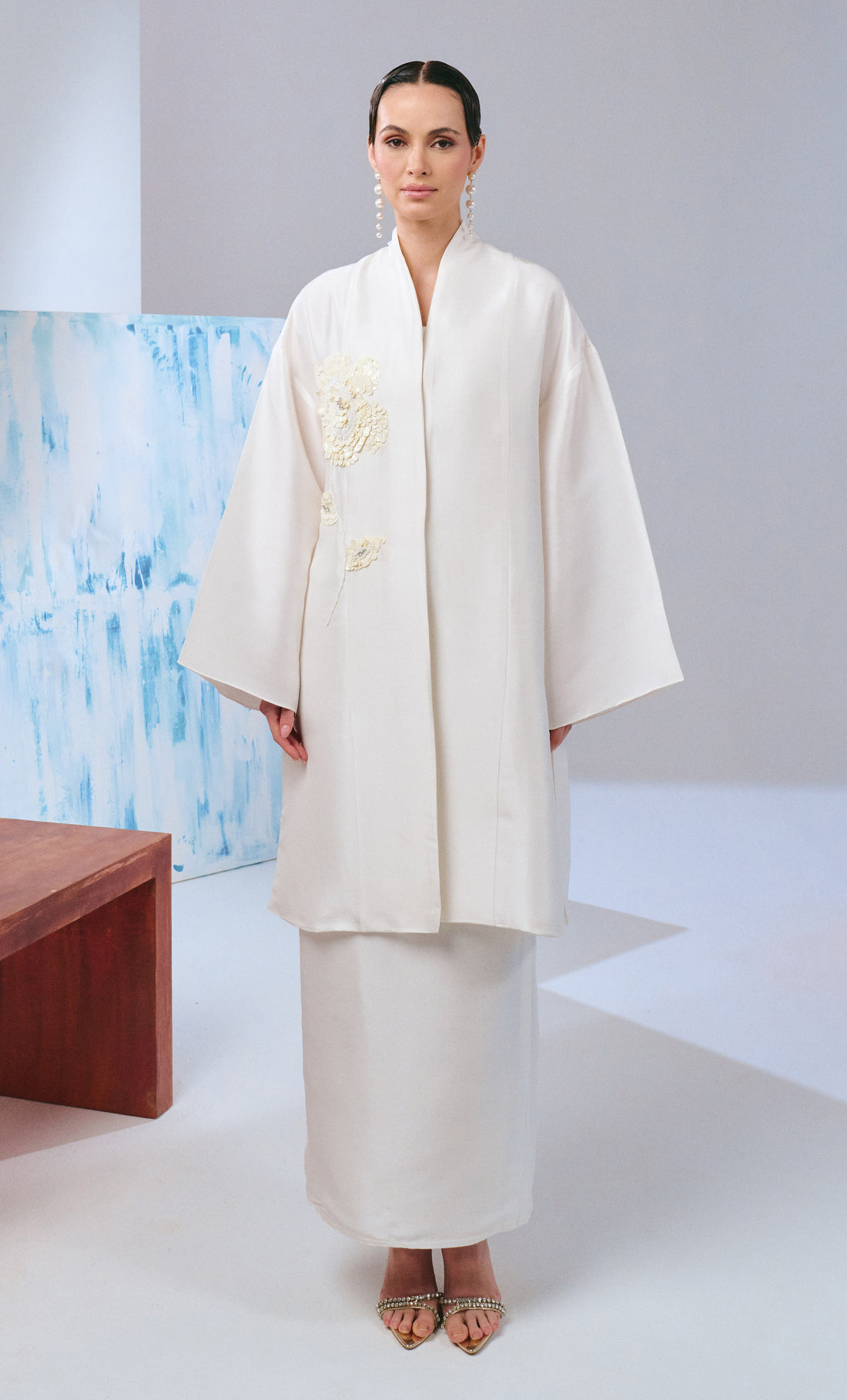 Beaded Long Kebaya Kimono Set - Off White Luxe Silk