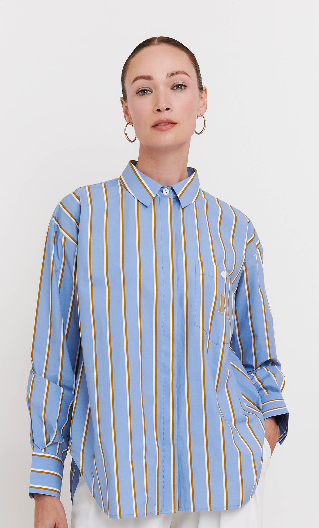 Shirt Top – Light Blue Striped With “R” Signature