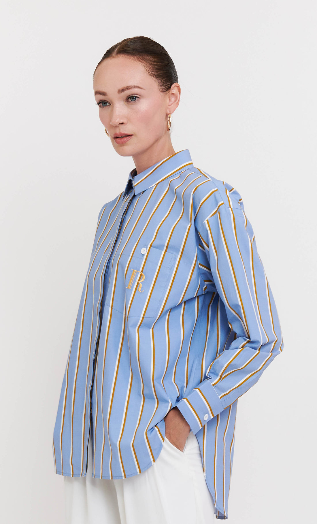 Shirt Top – Light Blue Striped With “R” Signature