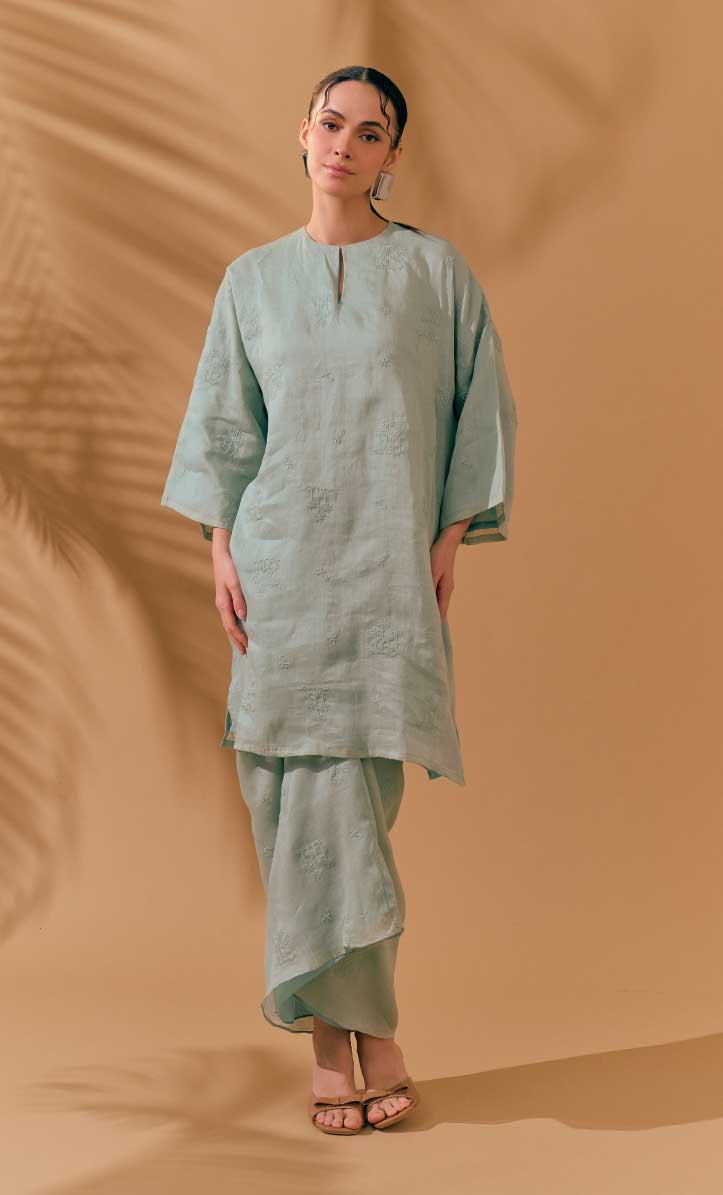 Long Kurung Opah Set - Teal Sage Green