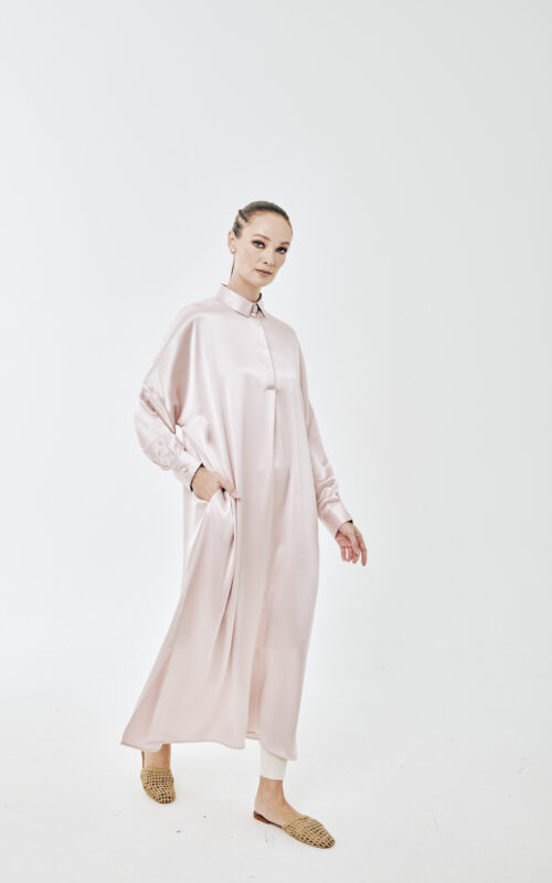 Rossa Long Sleeves Dress –Pink Heavy Satin
