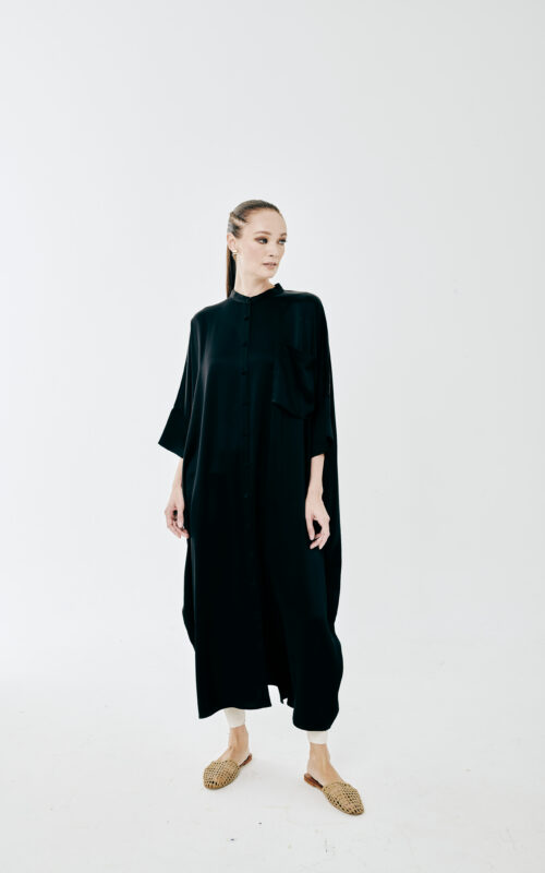 Rossa Eva Collar Dress – Black Heavy Satin